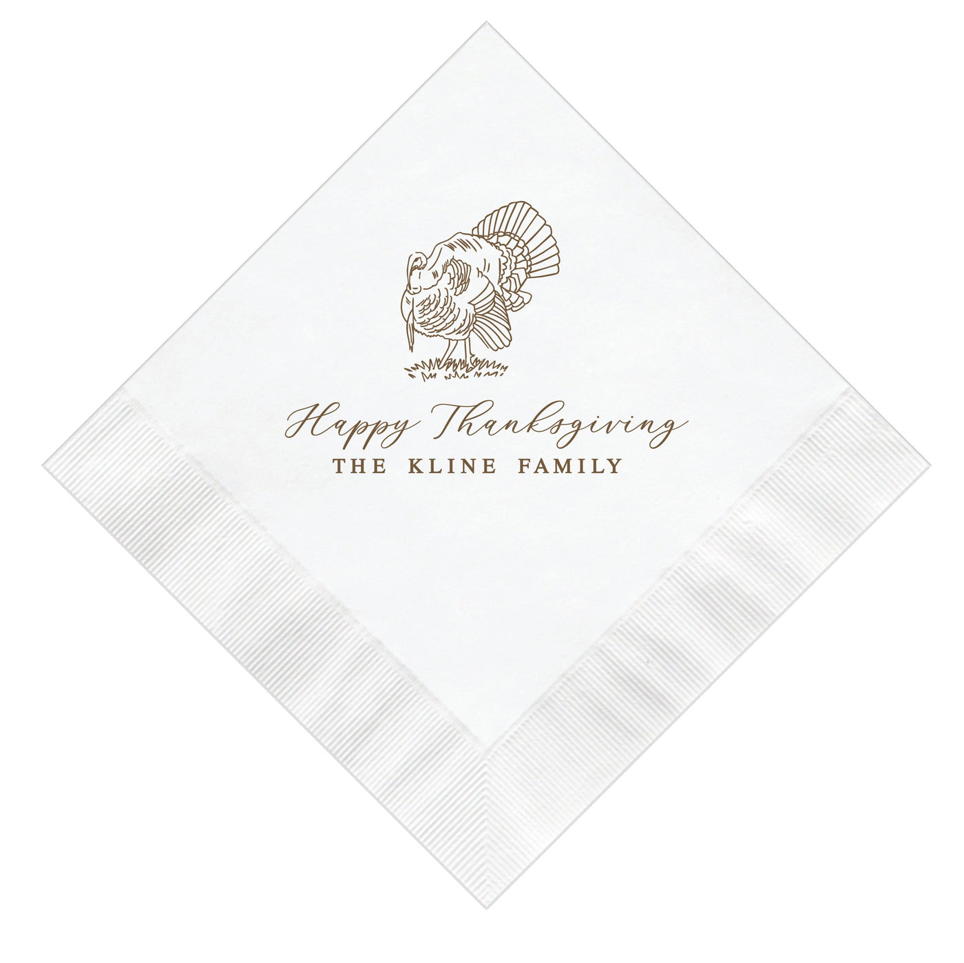 A white paper napkin, folded diagonally, featuring a brown line-art illustration of a turkey and elegant script text, ideal for Thanksgiving celebrations.