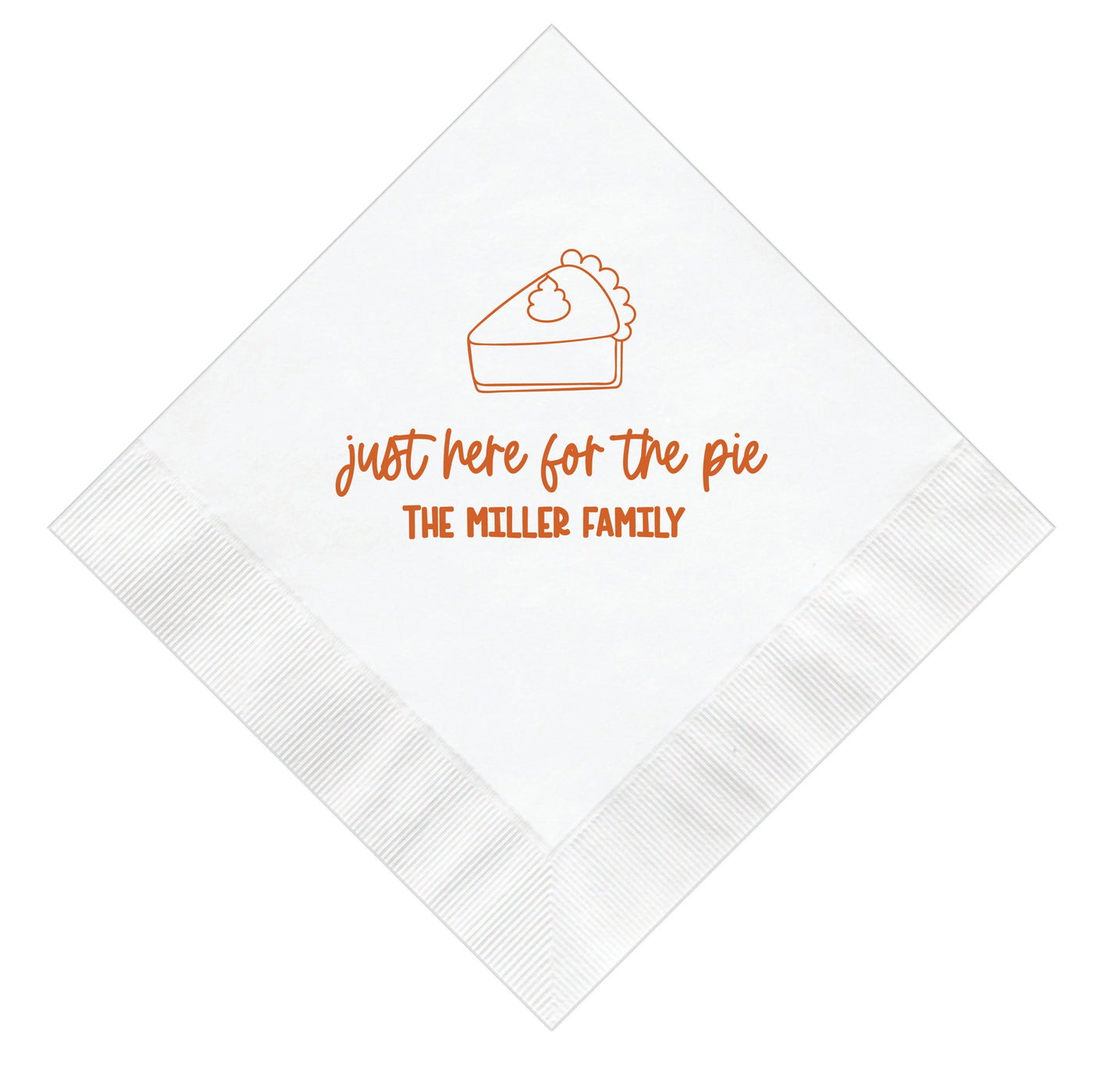 A white paper event napkin featuring an orange outline illustration of a slice of pie with whipped cream, suitable for a fall dessert or Thanksgiving celebration.