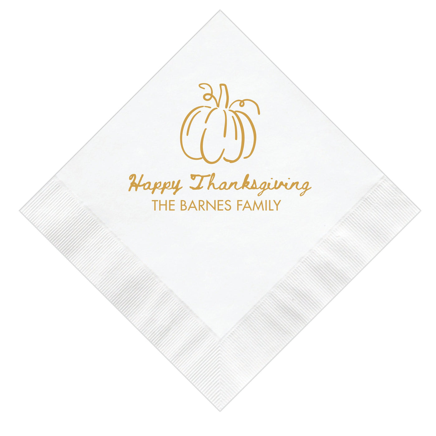 A white paper napkin featuring a golden outline pumpkin illustration, designed as personalized party decor for a fall celebration.