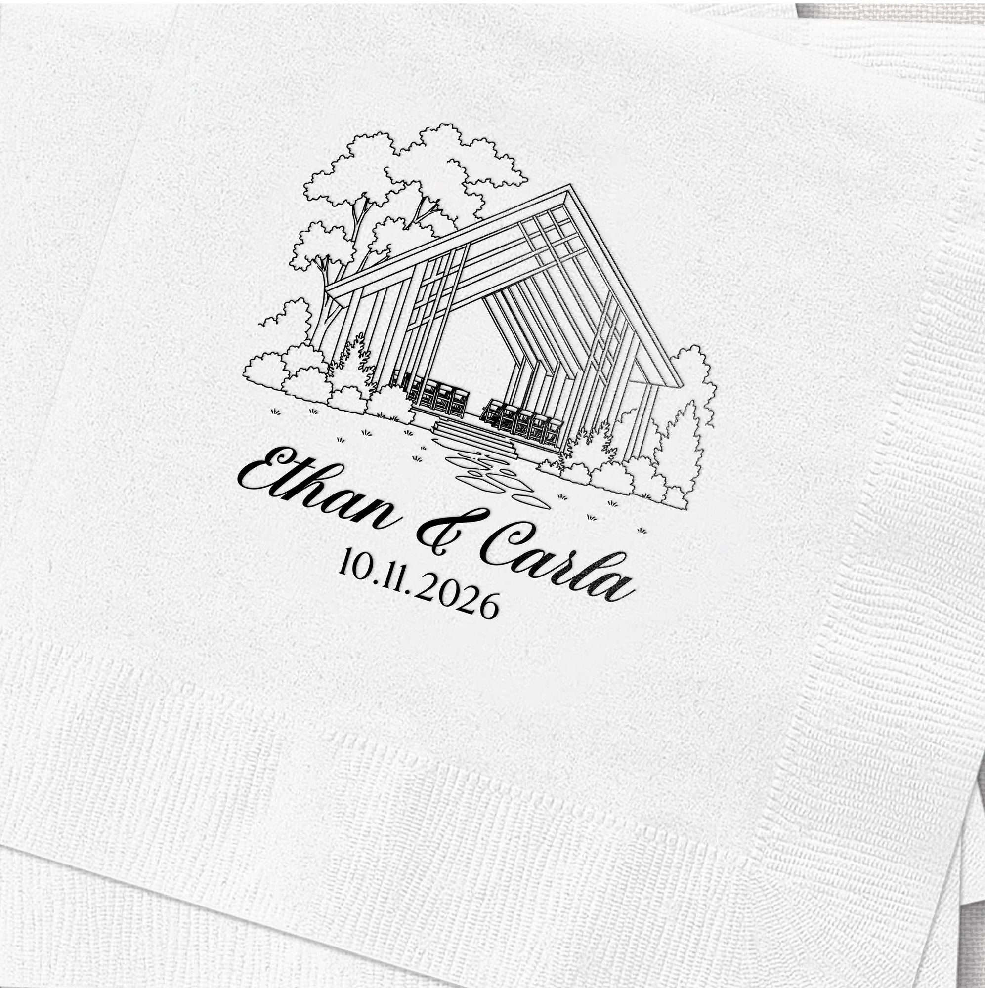 Personalized Illustrated Venue Wedding Napkins Line Art Single Napkin Black Ink Detail View – Rubi and Lib