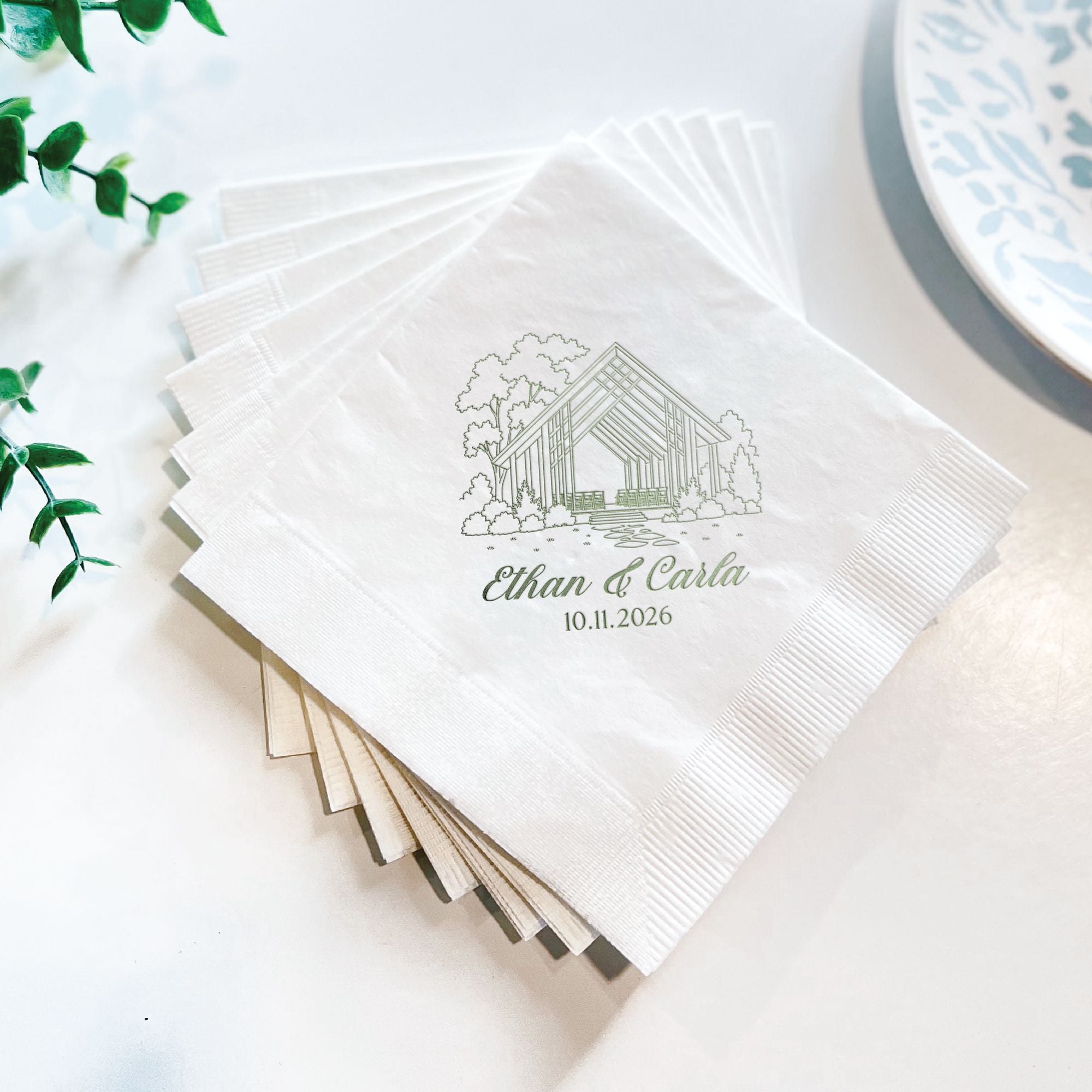 Personalized Illustrated Venue Wedding Napkins Line Art Stack Sage Green Ink Styled – Rubi and Lib