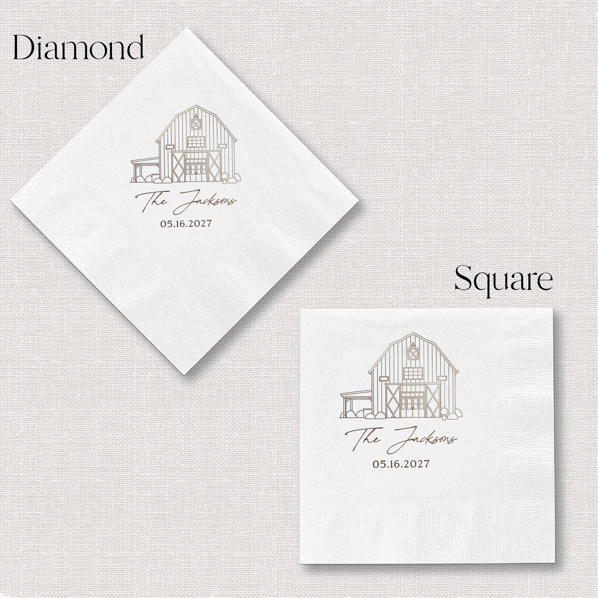 Personalized Illustrated Venue Wedding Napkins Barn Portrait Diamond and Square Fold Comparison – Rubi and Lib