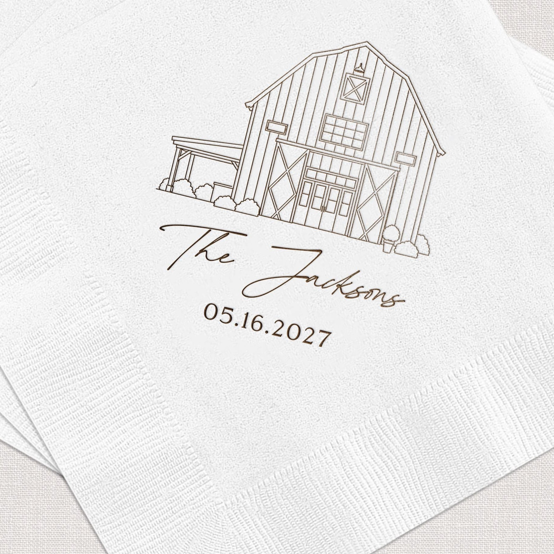 Personalized Illustrated Venue Wedding Napkins Barn Detail Close-Up Script Typography White – Rubi and Lib