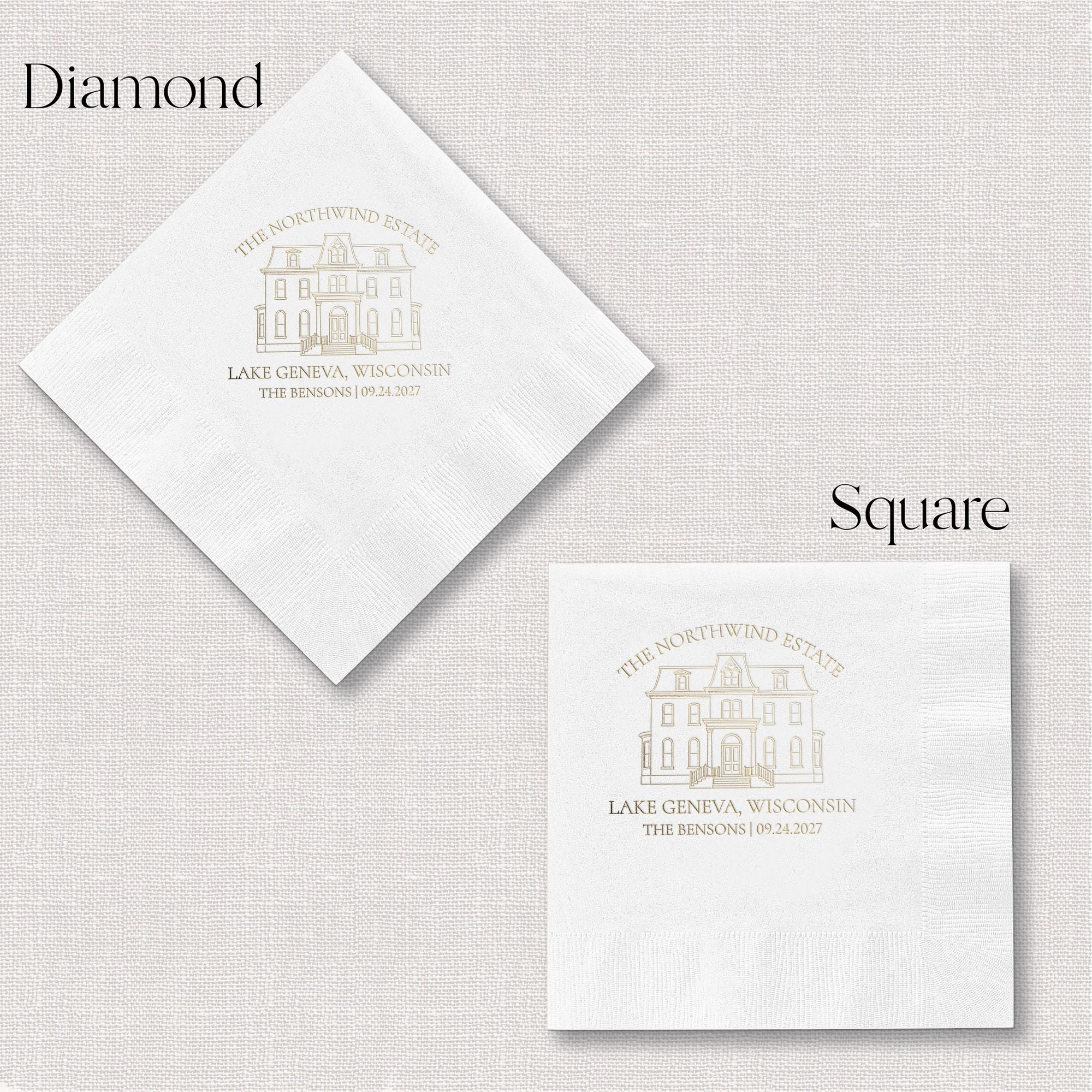 Personalized Illustrated Venue Wedding Napkins Diamond and Square Fold White Gold – Rubi and Lib