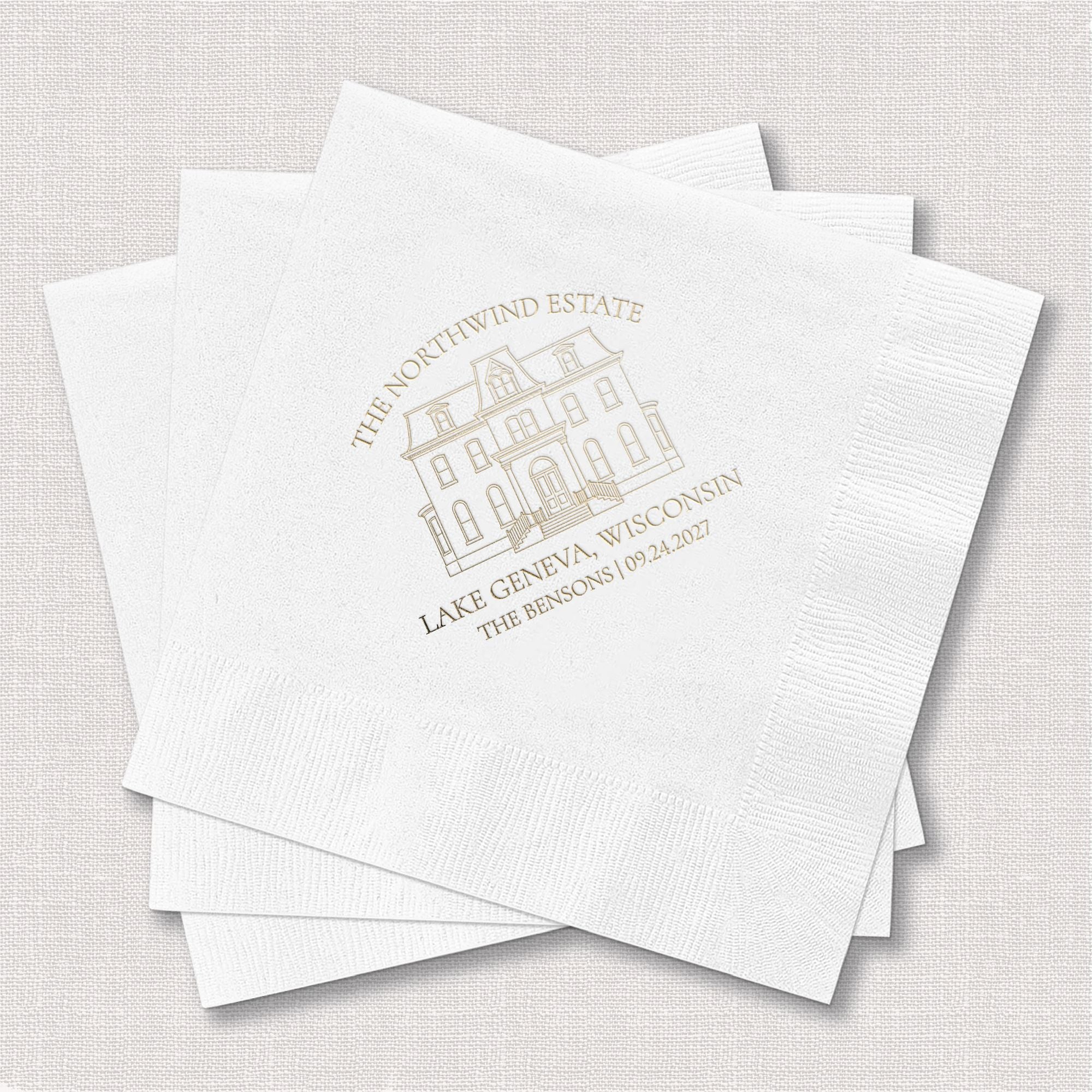 Personalized Illustrated Venue Wedding Napkins Square Fold Stack White Gold Foil – Rubi and Lib