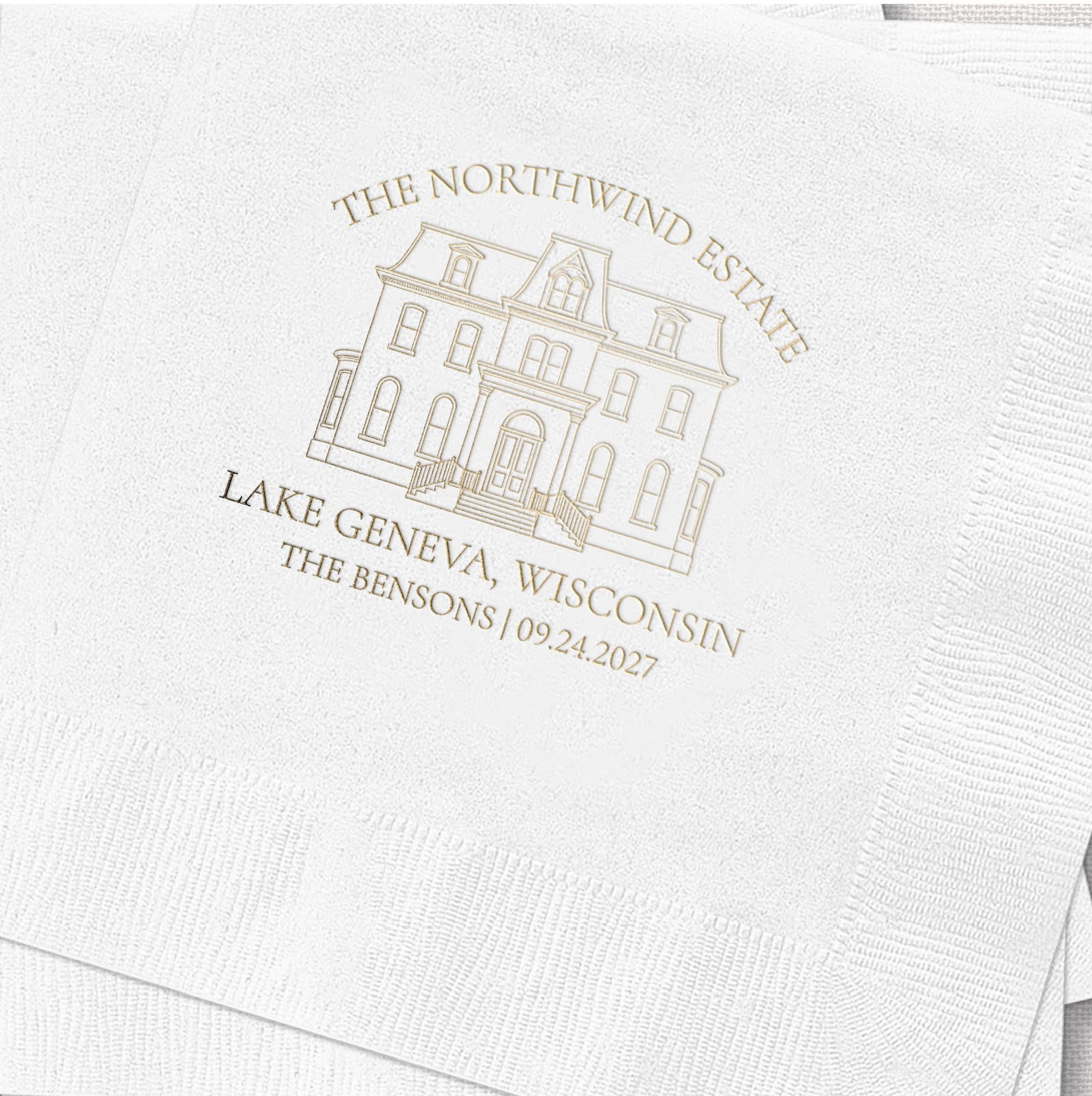 Personalized Illustrated Venue Wedding Napkins Close Up Gold Line Art Detail – Rubi and Lib