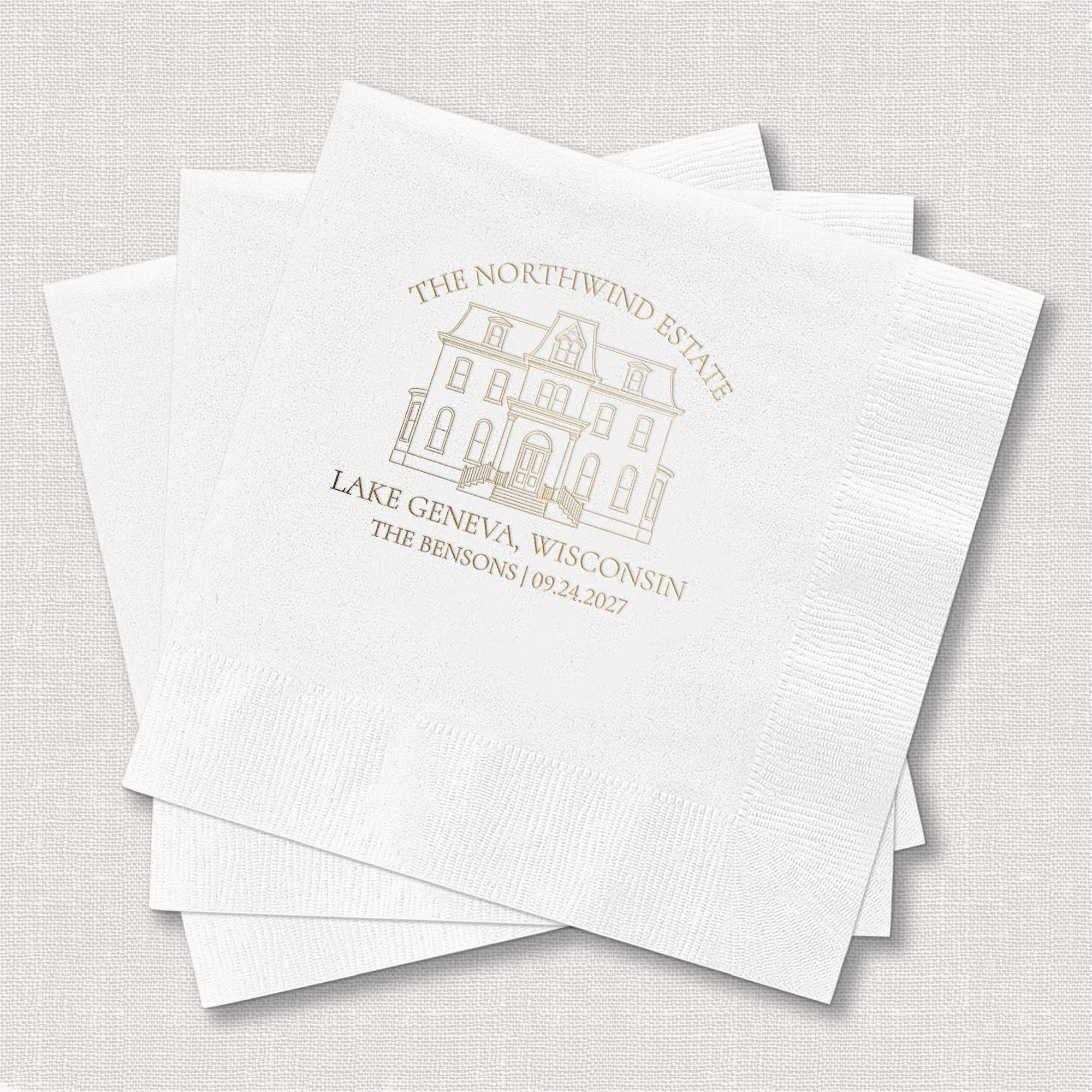 Personalized Illustrated Venue Wedding Napkins Fanned Stack White Gold Linen Texture – Rubi and Lib
