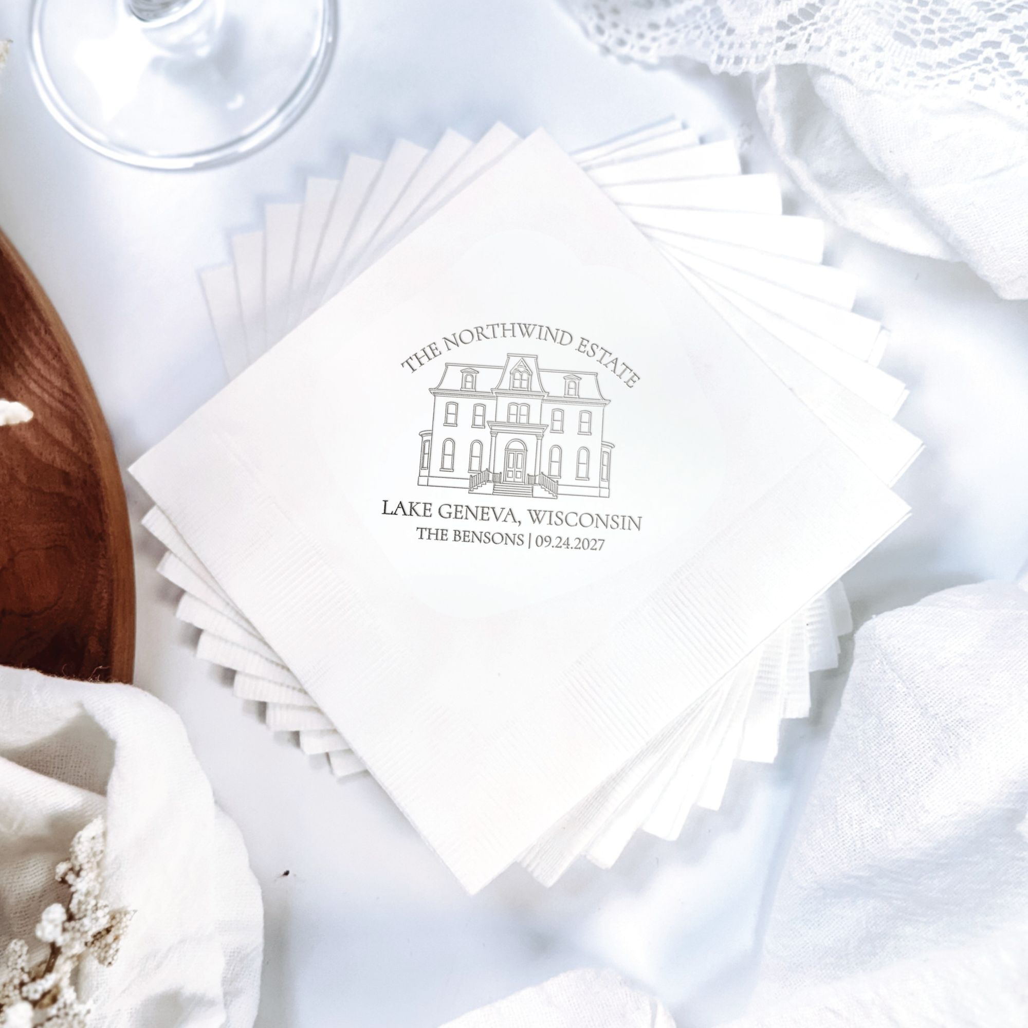 Personalized Illustrated Venue Wedding Napkins Silver Ink Stack with Glassware Styling – Rubi and Lib