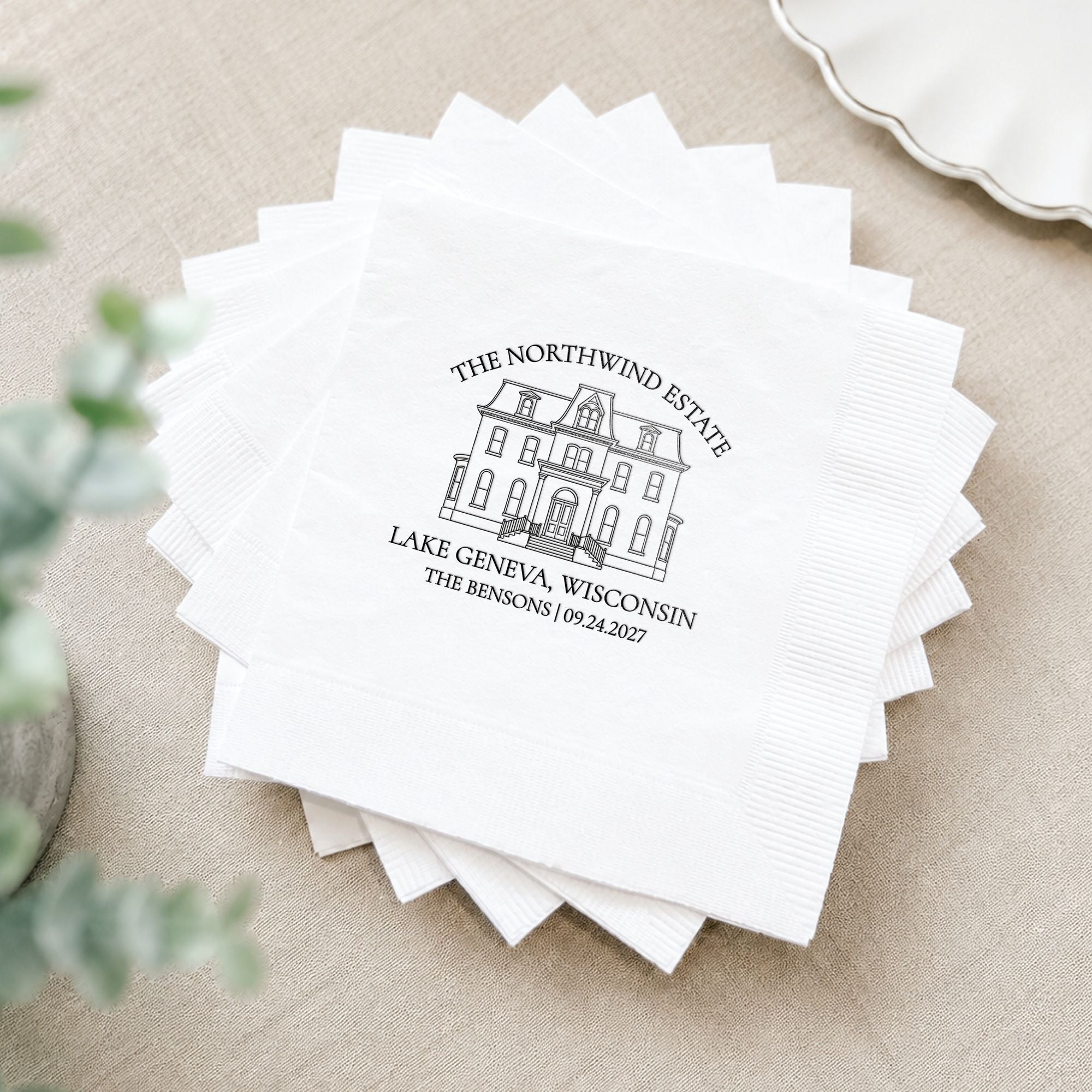 Personalized Illustrated Venue Wedding Napkins Black Ink Fanned Stack with Greenery – Rubi and Lib