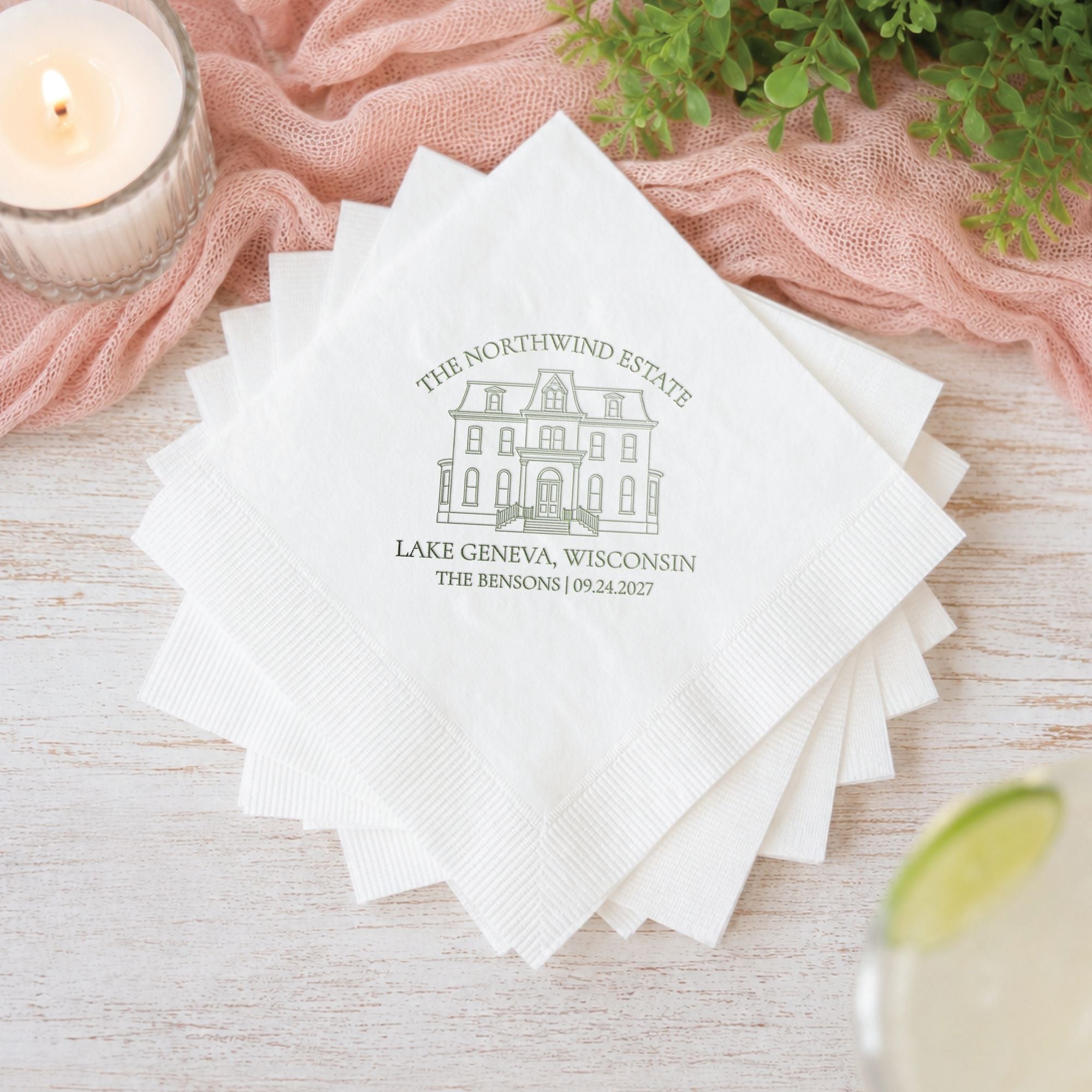 Personalized Illustrated Venue Wedding Napkins Sage Green Ink Stack with Citrus Accent – Rubi and Lib