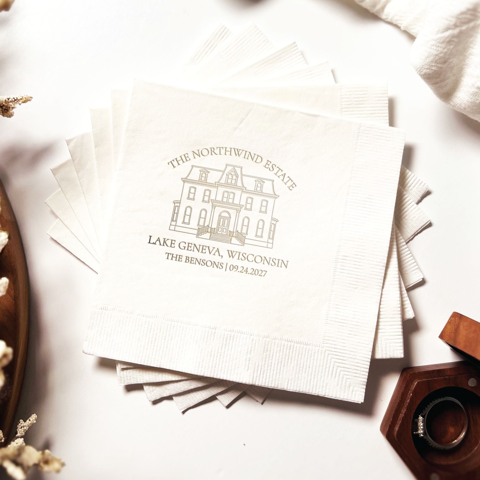 Personalized Illustrated Venue Wedding Napkins Ivory Stack with Dried Botanicals Flat Lay – Rubi and Lib