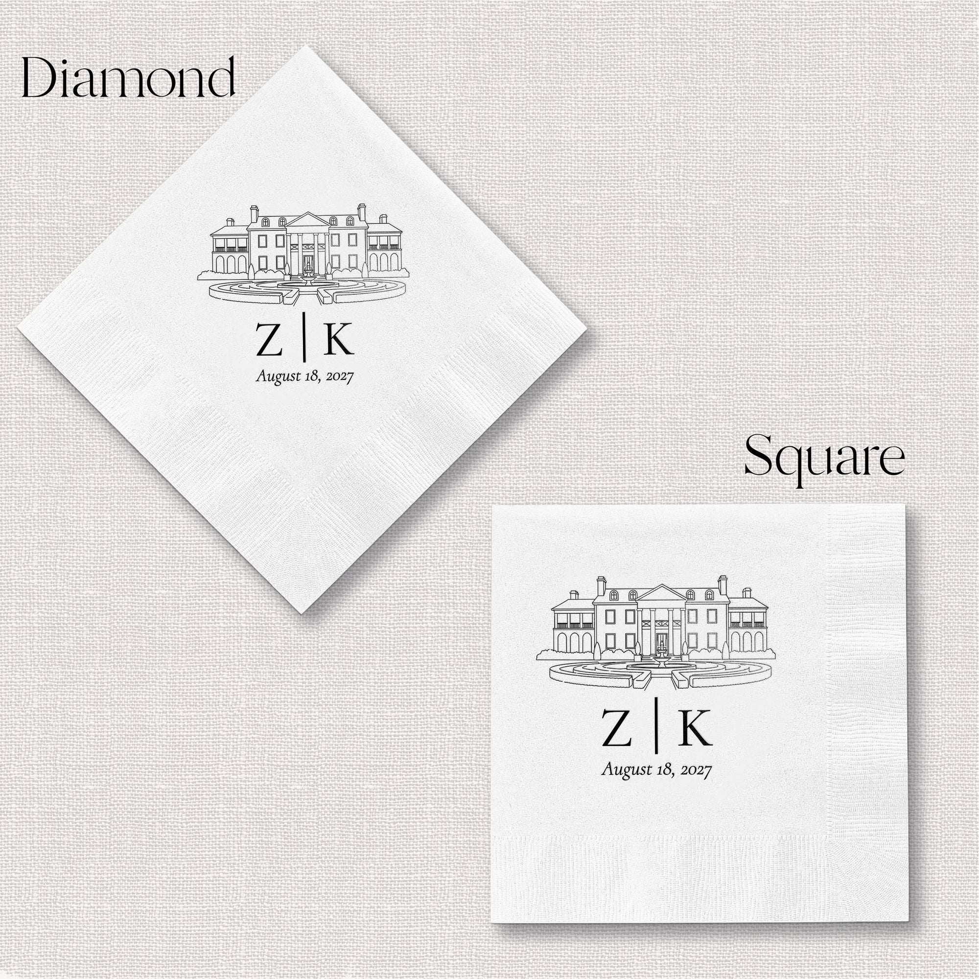Personalized Illustrated Venue Wedding Napkins Venue Portrait Diamond and Square Fold Comparison – Rubi and Lib