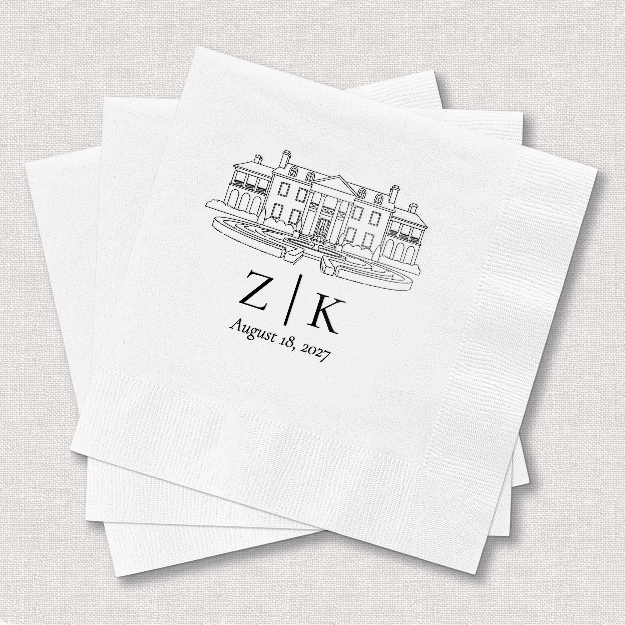 Personalized Illustrated Venue Wedding Napkins Venue Portrait Black Square Stack Side Angle – Rubi and Lib