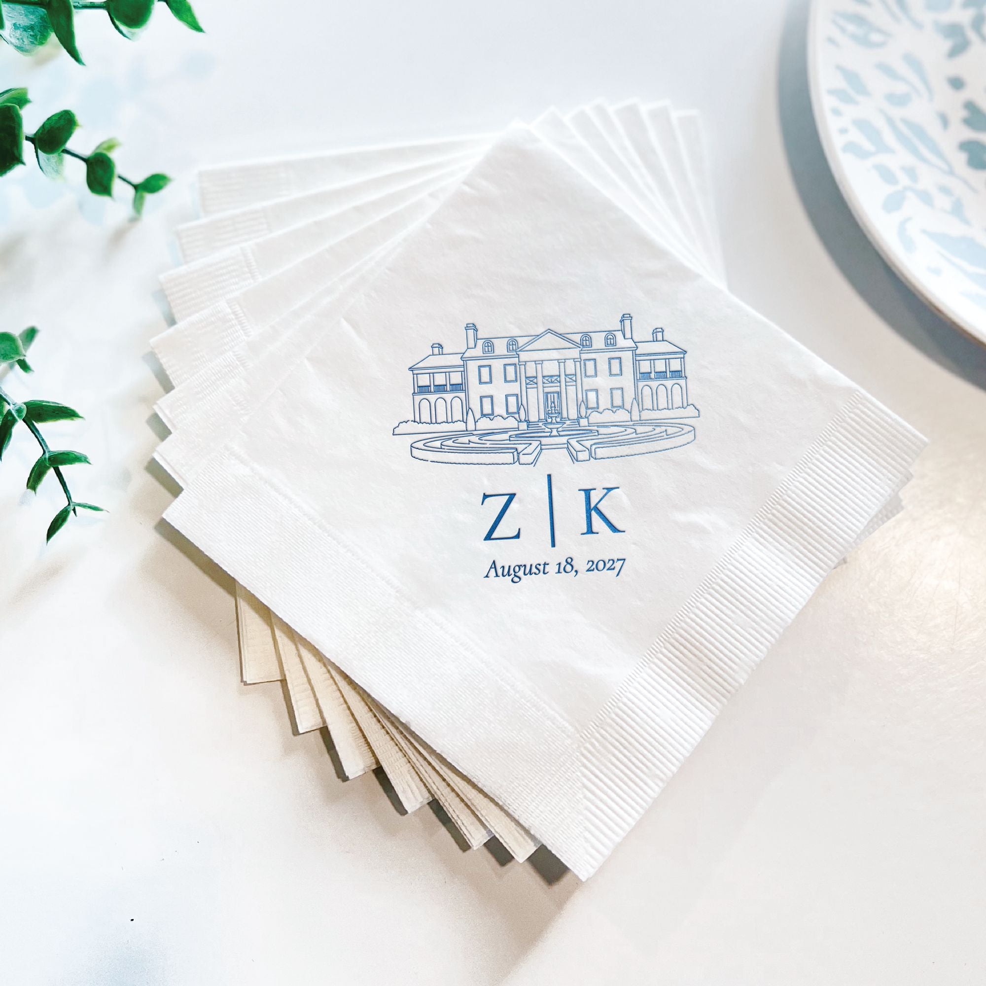 Personalized Illustrated Venue Wedding Napkins Venue Portrait Navy Ink Stacked on White Surface – Rubi and Lib