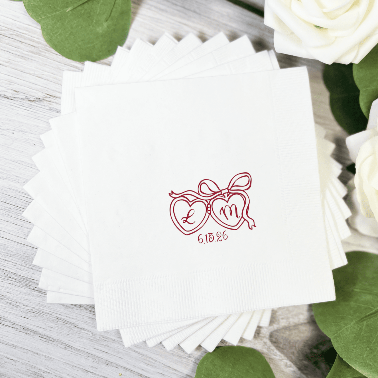 Heart Locket with Initials Wedding Cocktail Napkins - Napkins - Foil Stamped