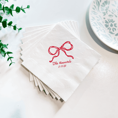Personalized Whimsical Bow Wedding Cocktail Napkins - Napkins - Foil Stamped