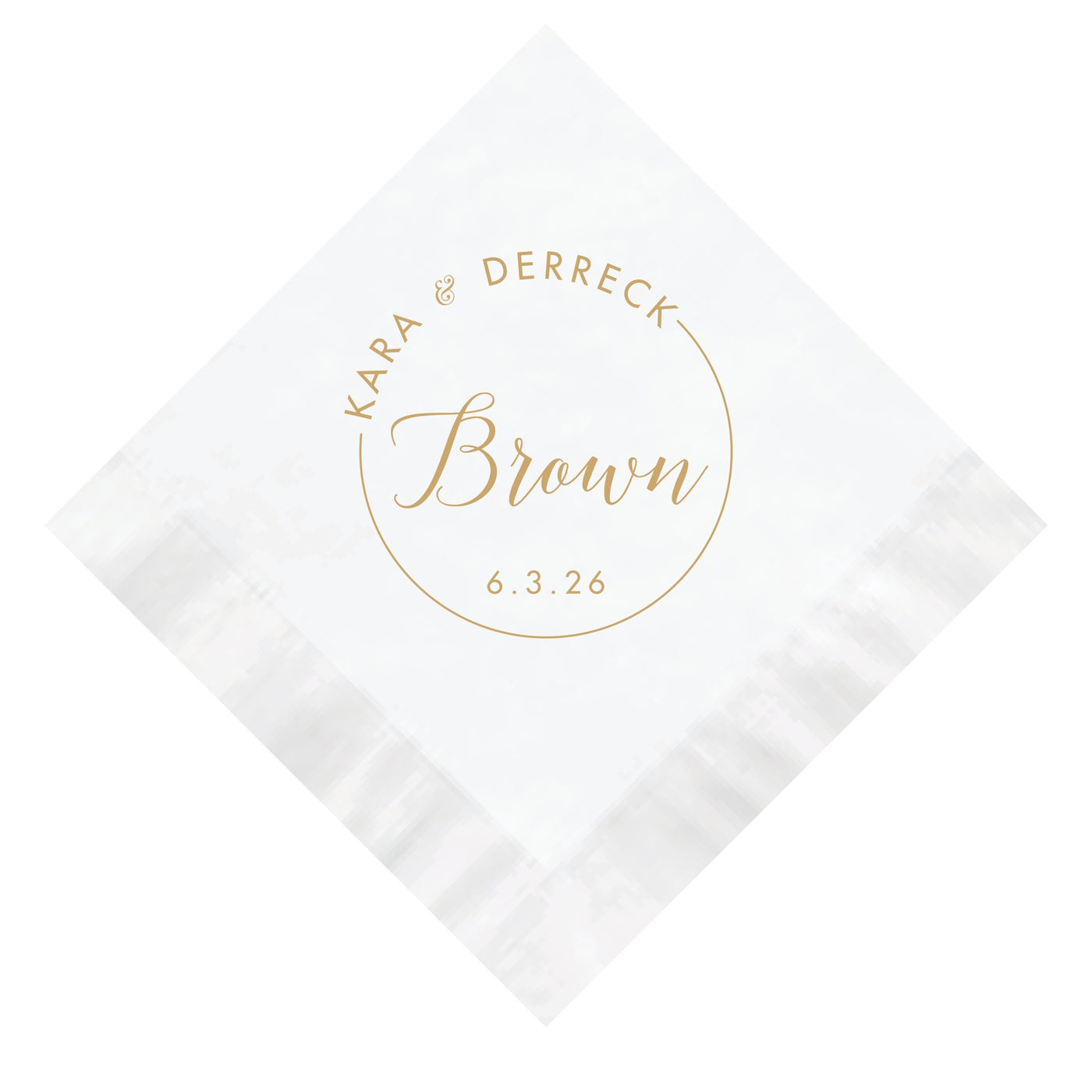 A white disposable wedding napkin featuring a custom gold foil design with a circular border and elegant script typography for a personalized touch.