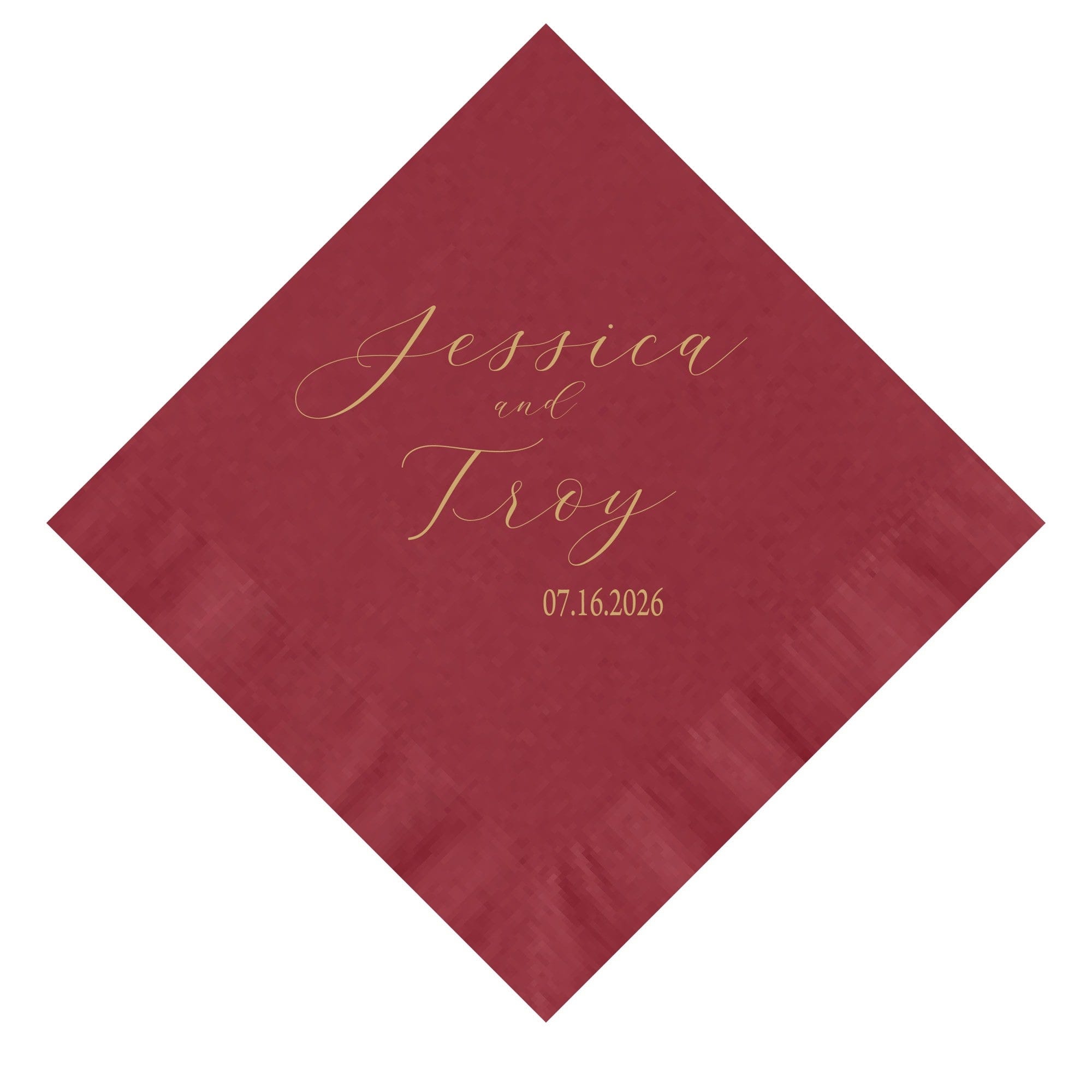 A folded square red paper napkin with elegant gold script personalization, perfect for a wedding or special event.