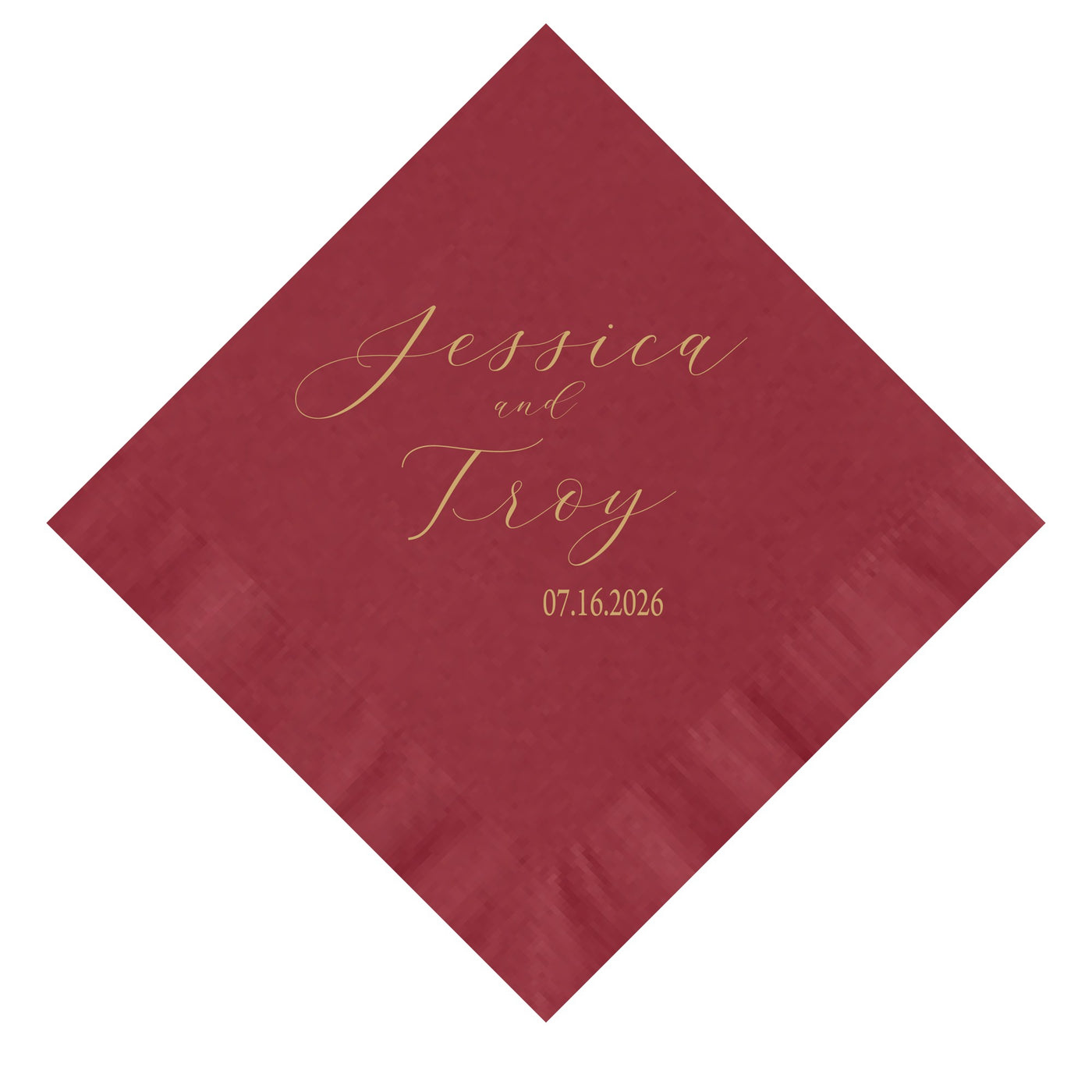 A folded square red paper napkin with elegant gold script personalization, perfect for a wedding or special event.