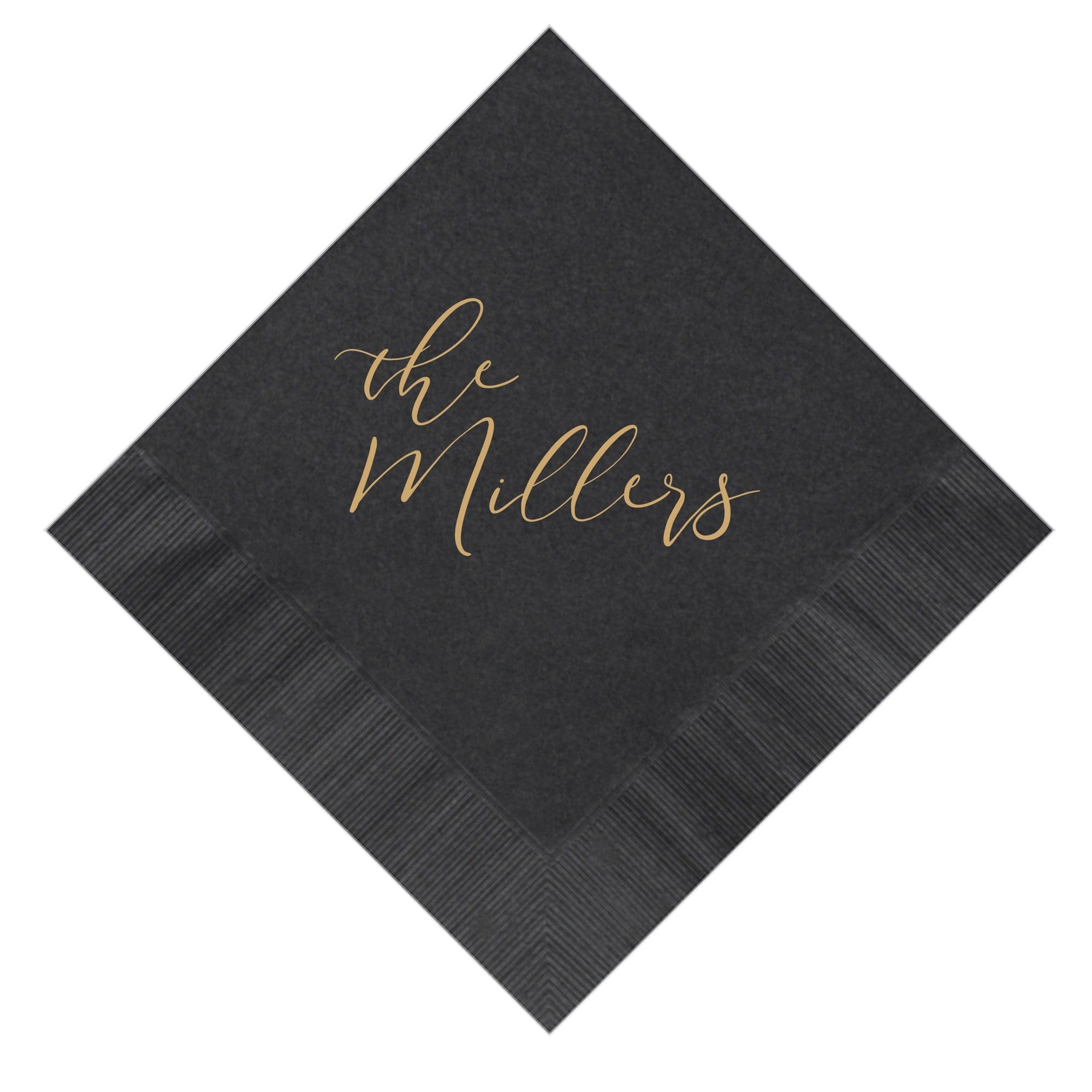 A black disposable napkin, folded diagonally, displays a gold script design along with textured borders, ideal for a wedding or special event.