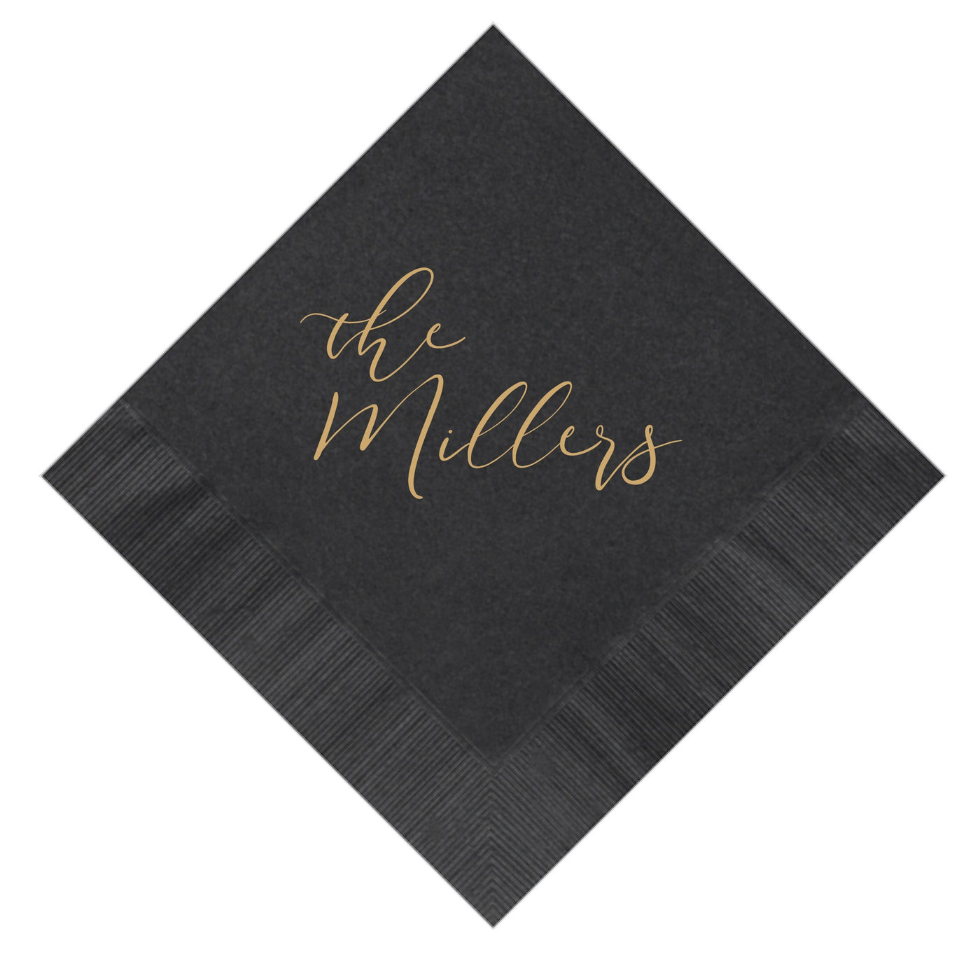 A black disposable napkin, folded diagonally, displays a gold script design along with textured borders, ideal for a wedding or special event.