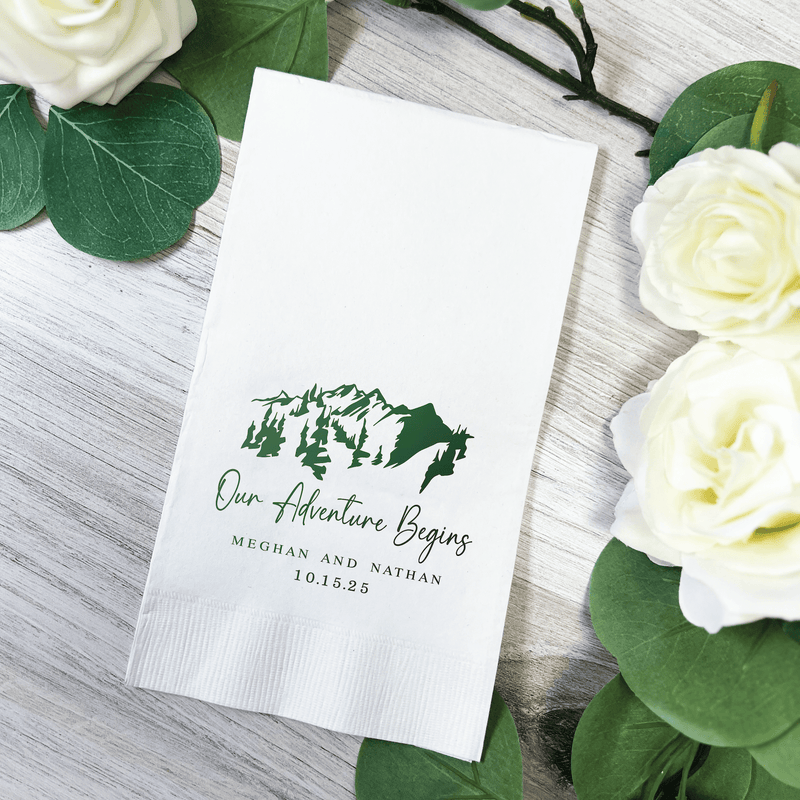 Our Adventure Begins Wedding Napkins - Mountains - Napkins - Foil Stamped