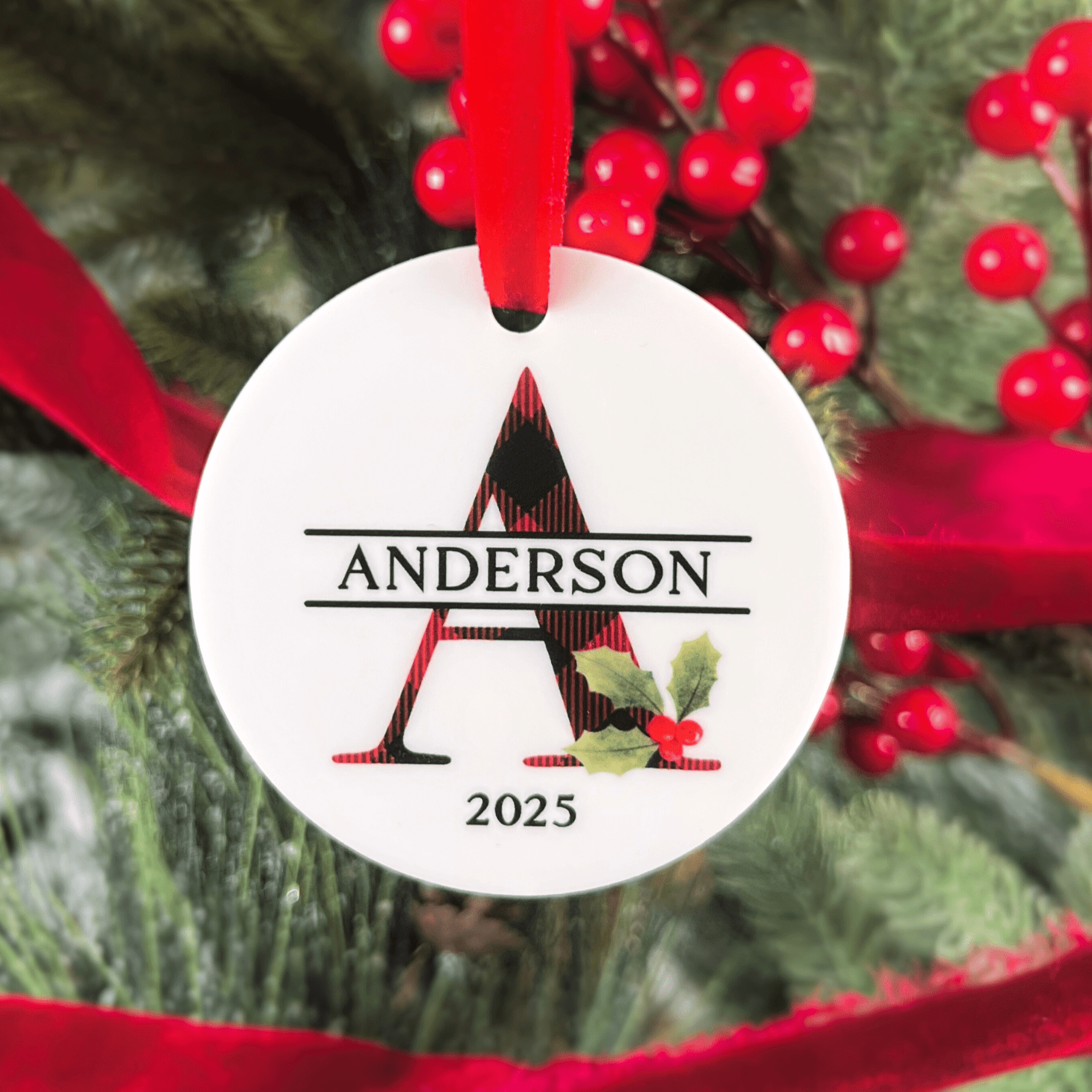 Buffalo Plaid Monogram Family Ornament - White
