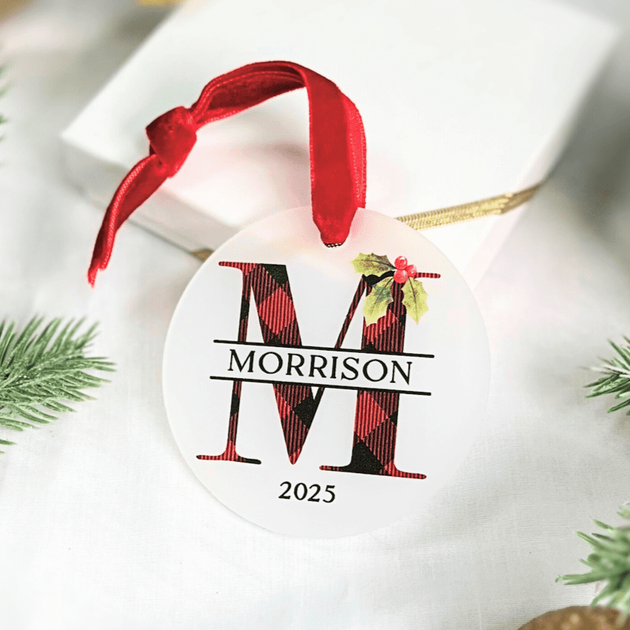 Buffalo Plaid Monogram Family Ornament - Frosted