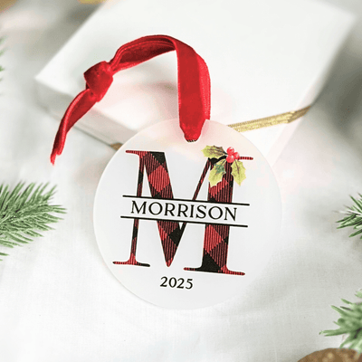Buffalo Plaid Monogram Family Ornament - Frosted