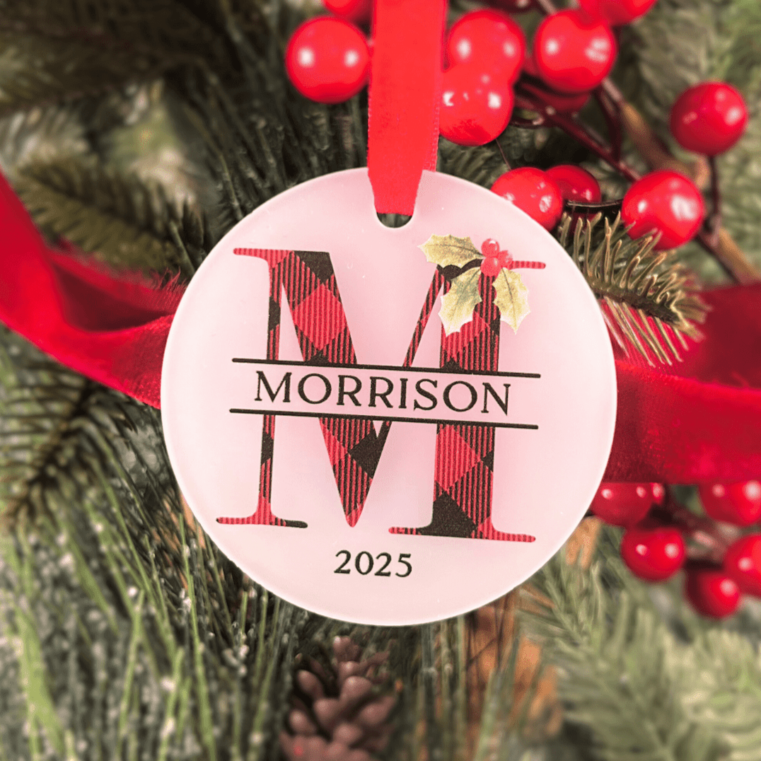 Buffalo Plaid Monogram Family Ornament - Frosted