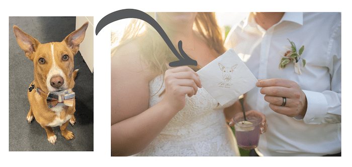 Dog in a bow tie next to a bride and groom holding a custom illustrated pet wedding napkin — pet of honor wedding decor by Rubi & Lib