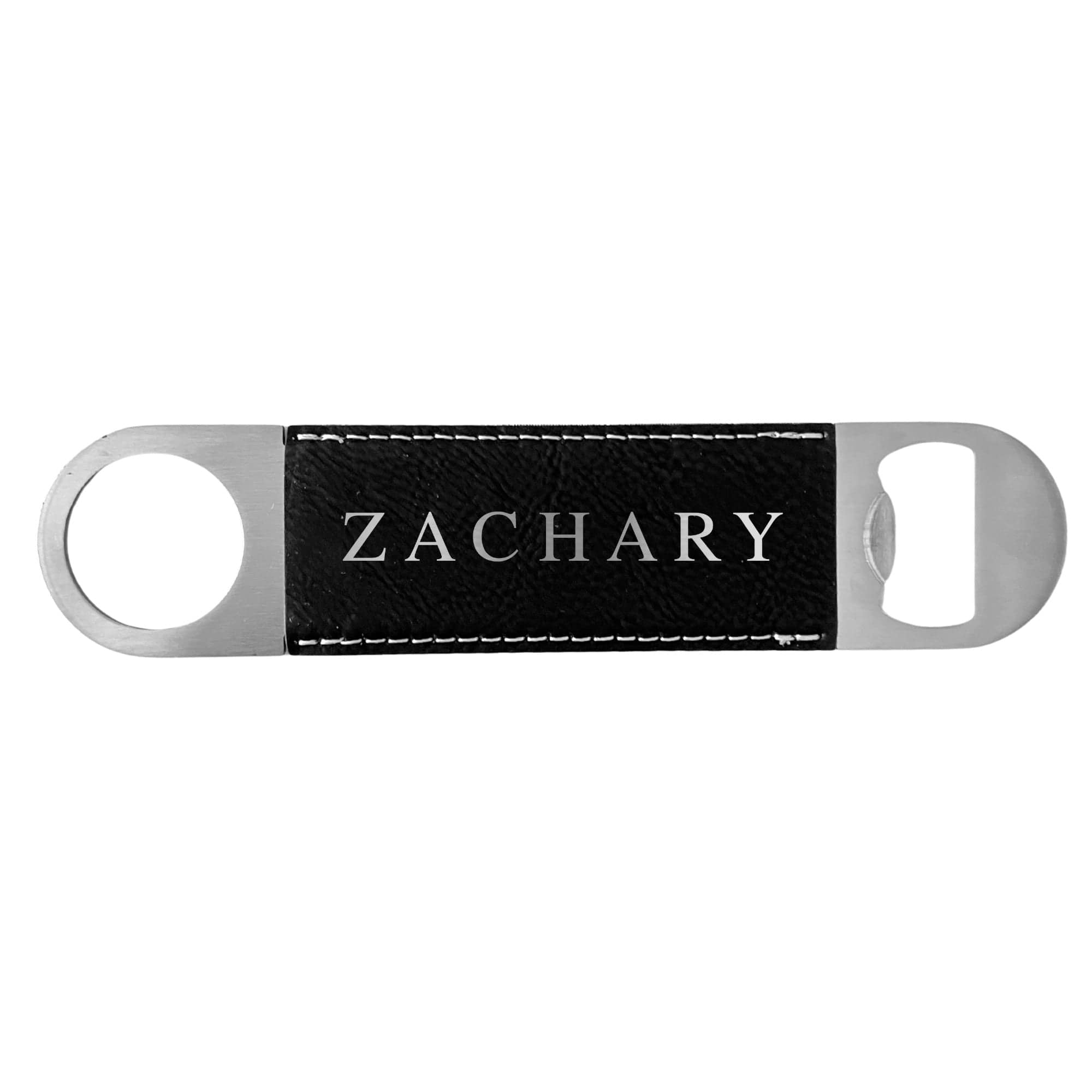 A silver metal bottle opener with a black faux leather wrap featuring white stitching, designed as a personalized favor or gift for a wedding or special event.