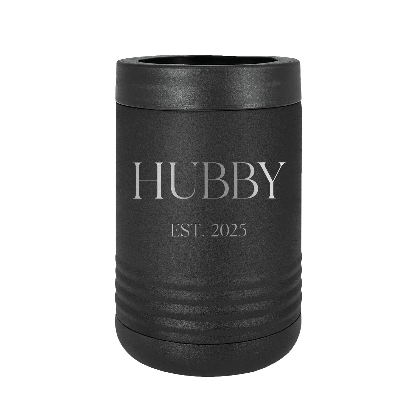 A sleek black insulated can cooler with a textured exterior and a silver engraved design, designed to keep beverages cold for a wedding celebration.