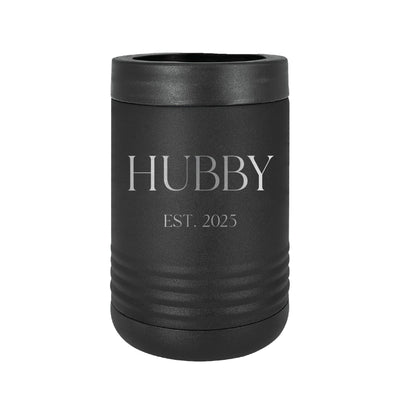 A sleek black insulated can cooler with a textured exterior and a silver engraved design, designed to keep beverages cold for a wedding celebration.