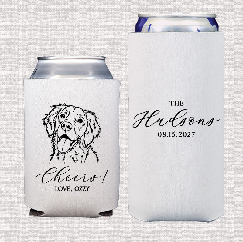 A set of two white foam can coolers, one featuring a black line art illustration of a dog with decorative text, and the other personalized with elegant script typography, designed to keep drinks cold for a wedding or special event.
