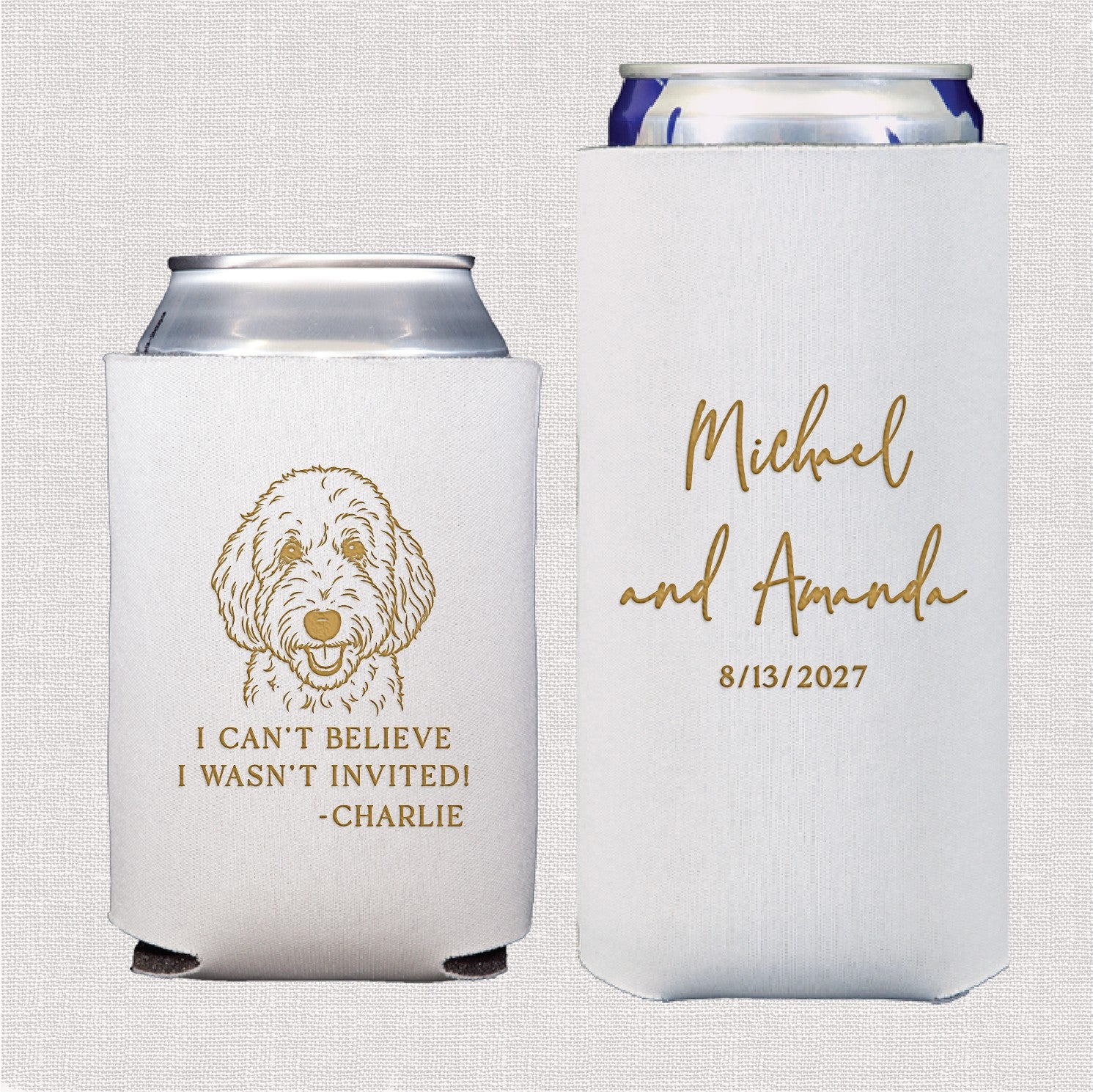 A set of two white foam can coolers, one featuring a golden doodle dog illustration and the other with elegant script, perfect for personalized wedding or event beverage insulation.
