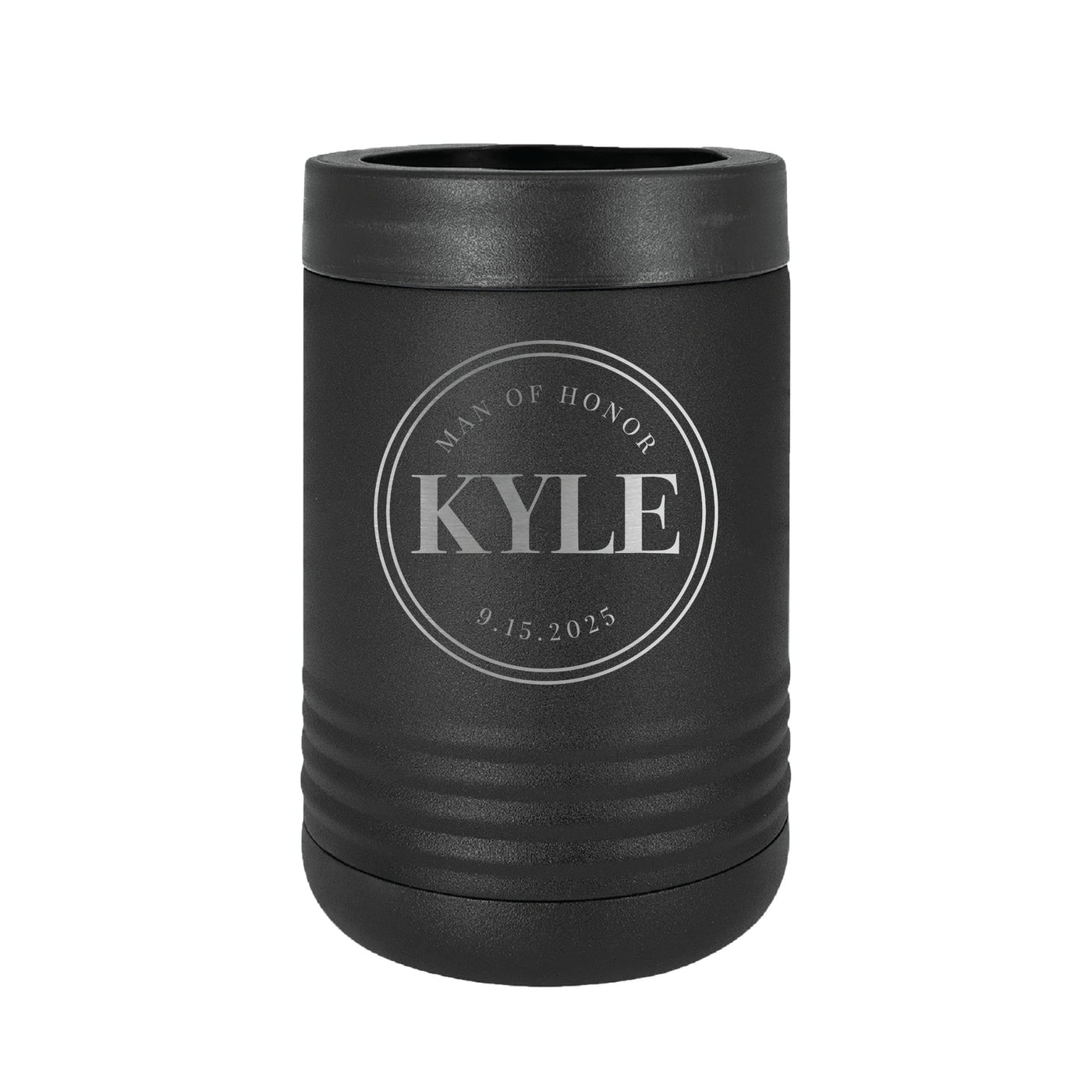 A matte black insulated can cooler for beverages, featuring a custom engraved design in a silver tone, ideal for wedding party gifts.