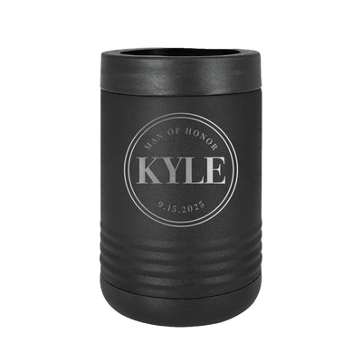 A matte black insulated can cooler for beverages, featuring a custom engraved design in a silver tone, ideal for wedding party gifts.