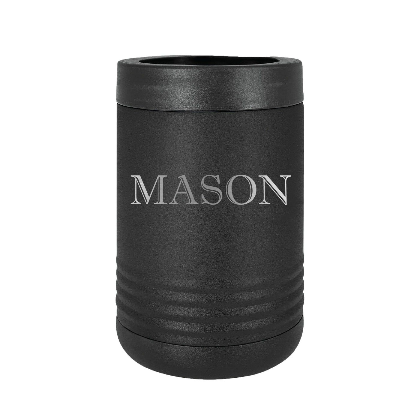 A matte black, textured, insulated metal can cooler, featuring a thick rim and horizontal ridges near the base, designed to keep beverages cold for various events.