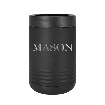 A matte black, textured, insulated metal can cooler, featuring a thick rim and horizontal ridges near the base, designed to keep beverages cold for various events.