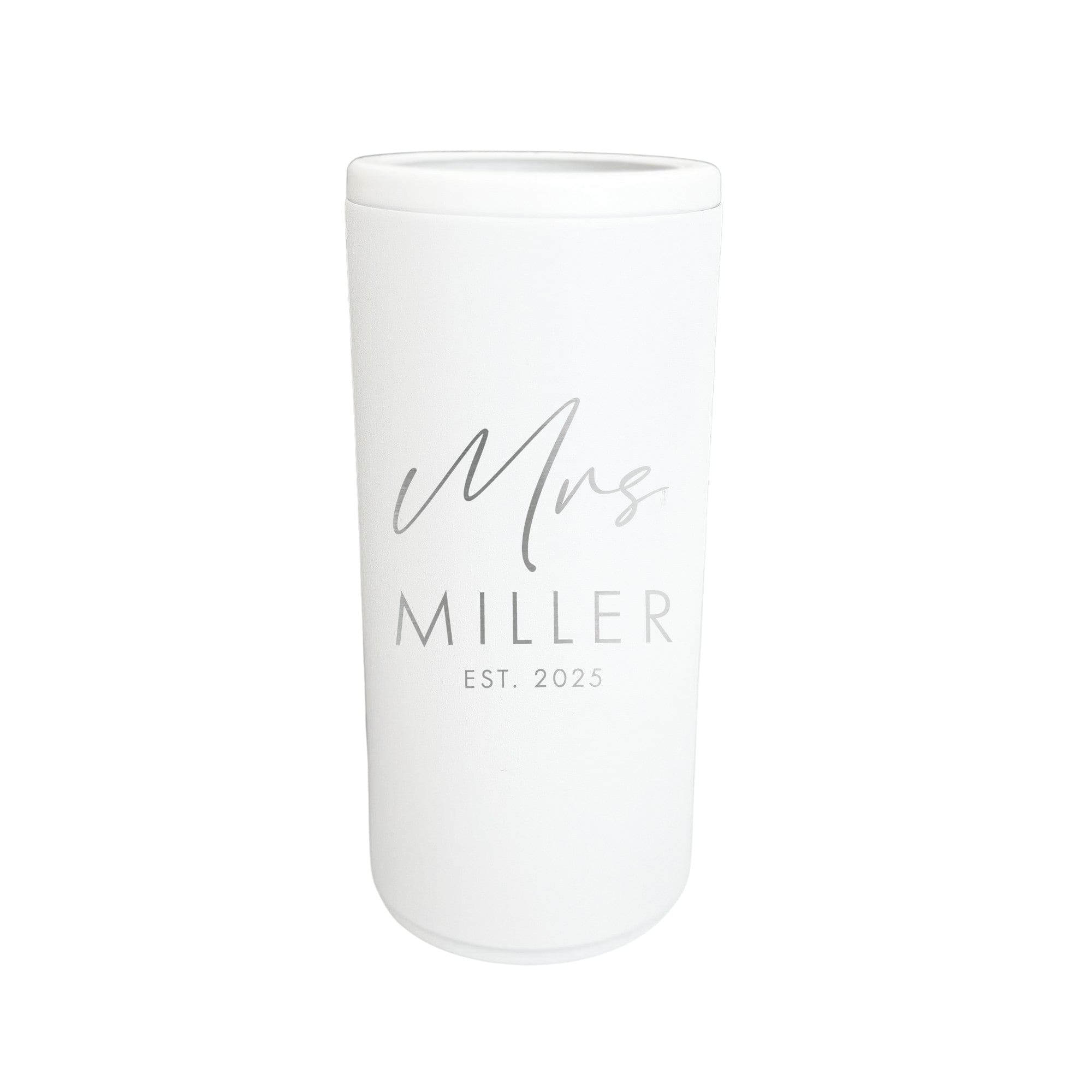 A white insulated can cooler with elegant silver lettering, designed as a personalized gift for a wedding or bridal event.