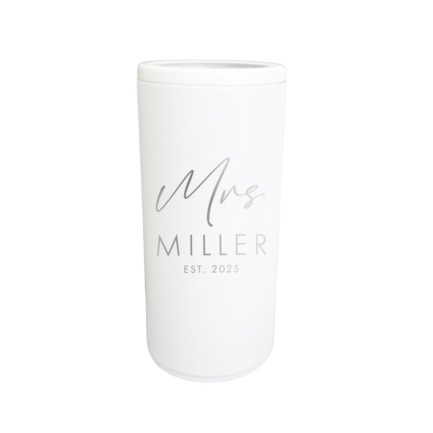 A white insulated can cooler with elegant silver lettering, designed as a personalized gift for a wedding or bridal event.