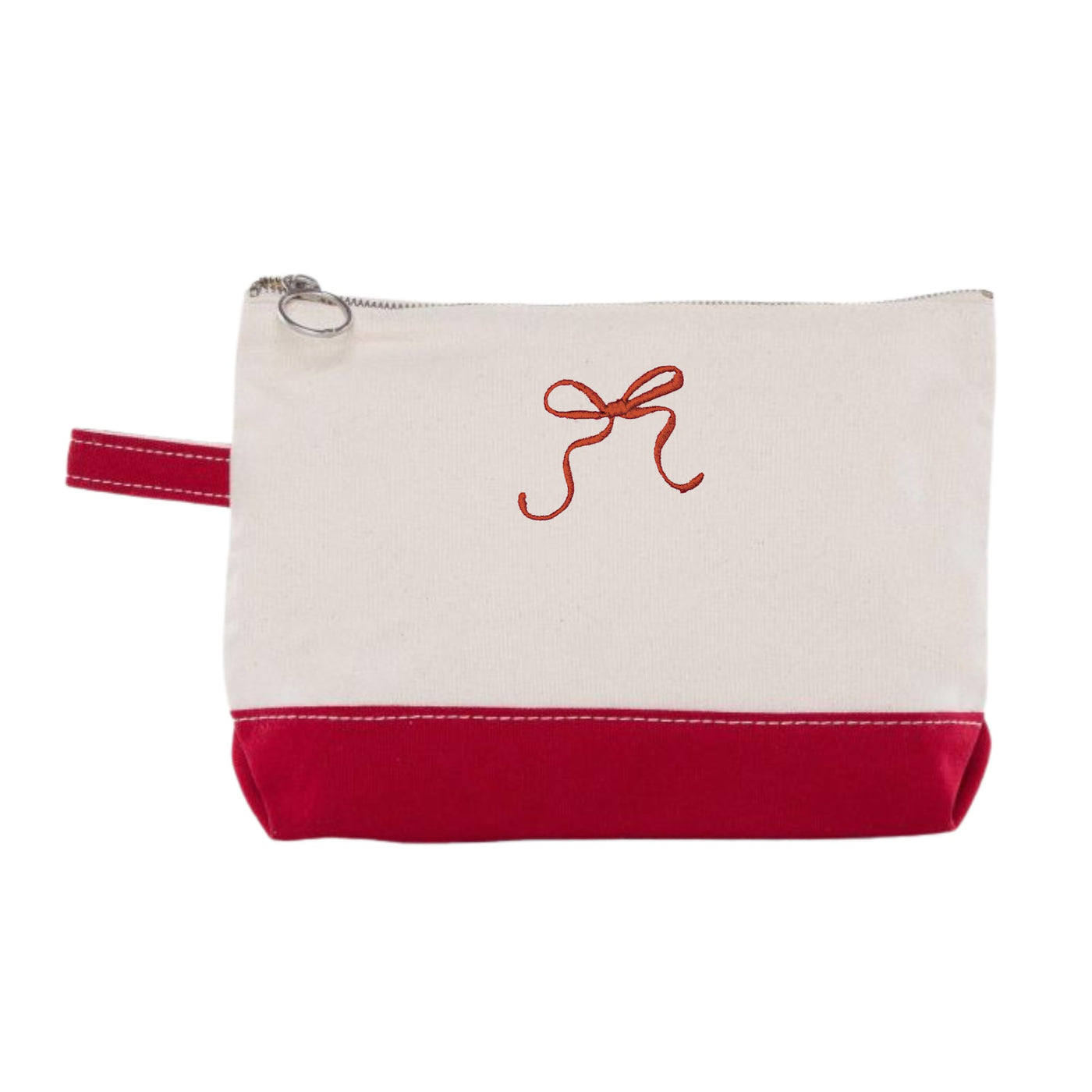 A two-toned canvas zipper bag featuring an off-white upper and a solid red lower base, complete with a small red side loop and an embroidered red ribbon design, perfect for event favors or organizing small items.