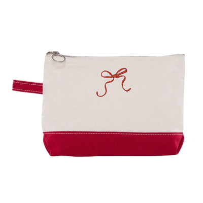 A two-toned canvas zipper bag featuring an off-white upper and a solid red lower base, complete with a small red side loop and an embroidered red ribbon design, perfect for event favors or organizing small items.