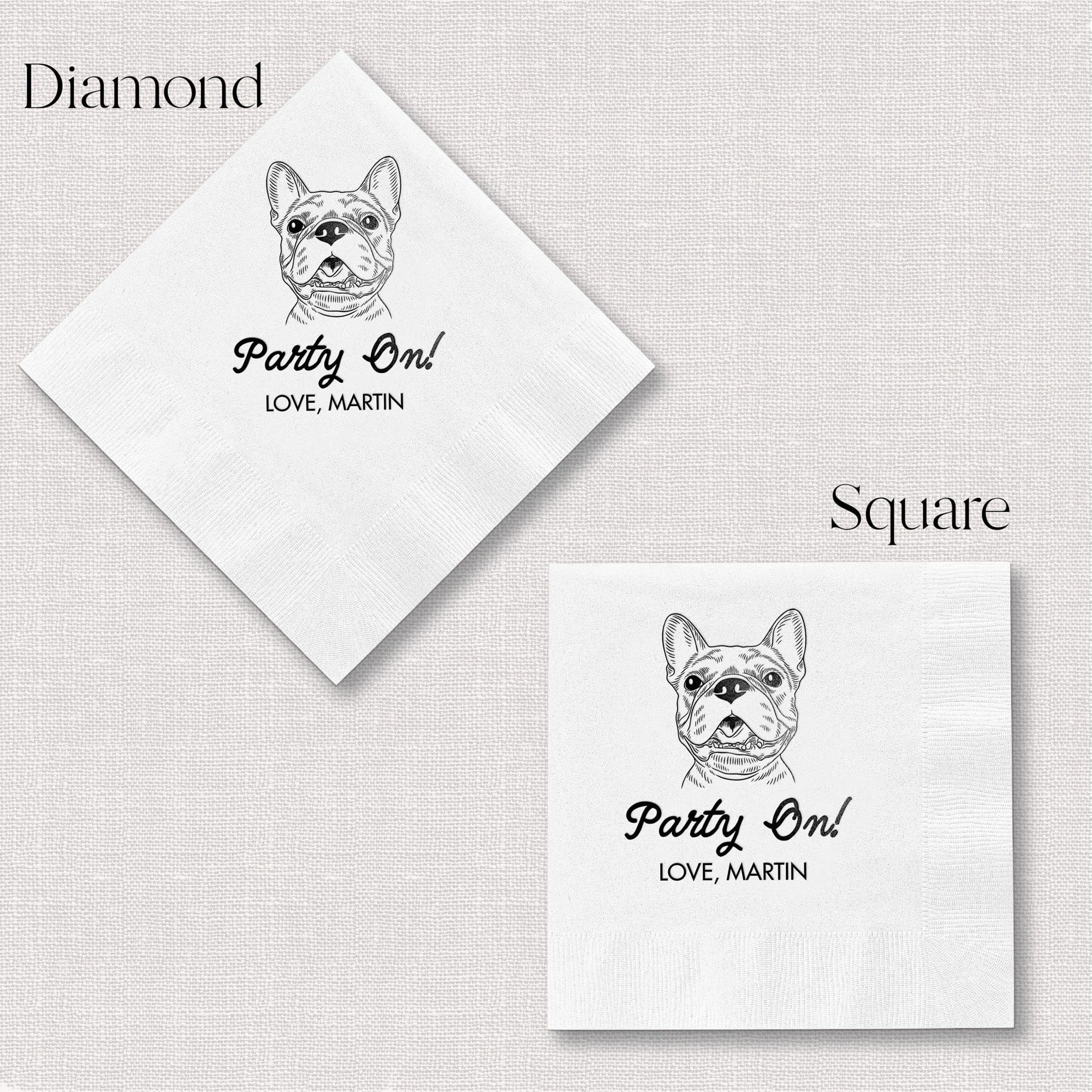White disposable cocktail napkins featuring a black line-art French Bulldog illustration, displayed in both diamond-folded and square shapes for a celebration event.