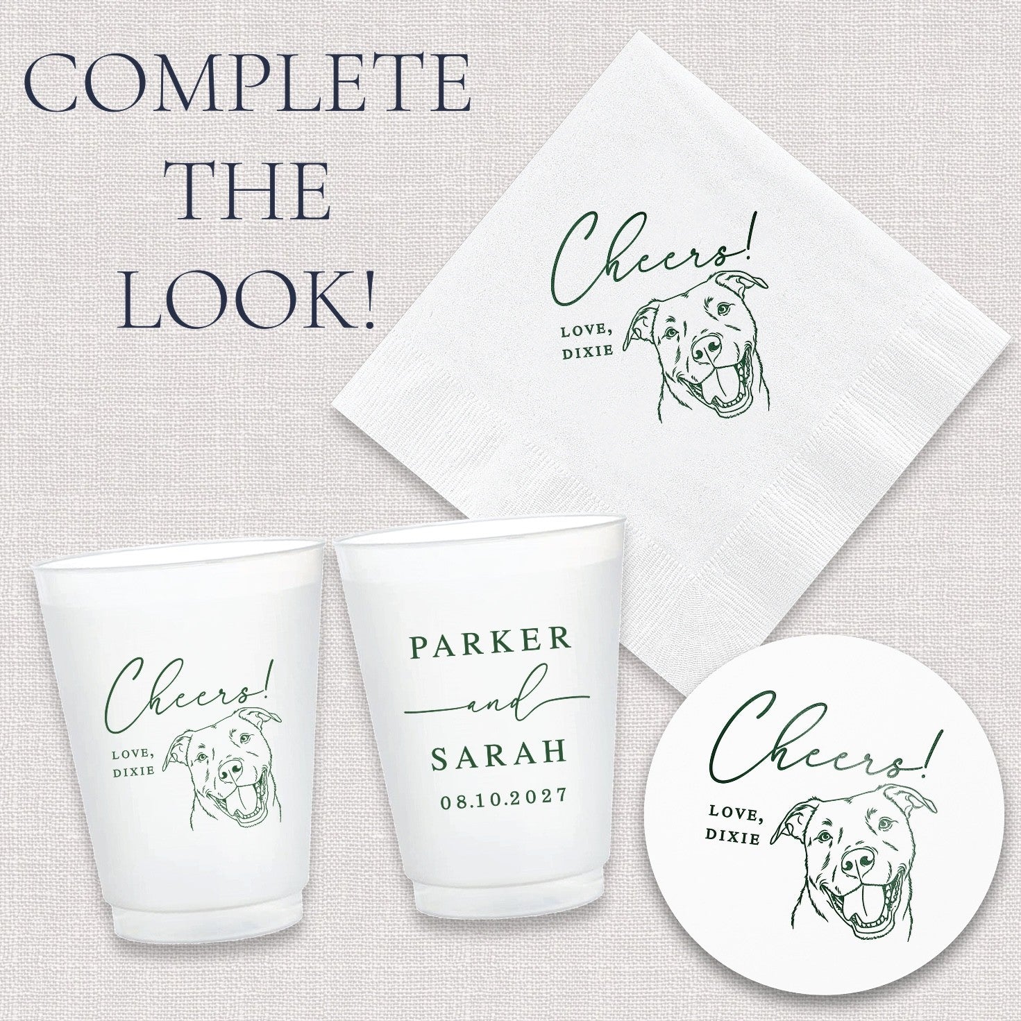 A collection of white paper napkins, plastic cups, and round paper coasters, each featuring a dark green custom pet illustration and celebratory script, designed as personalized party accessories for a wedding or event.