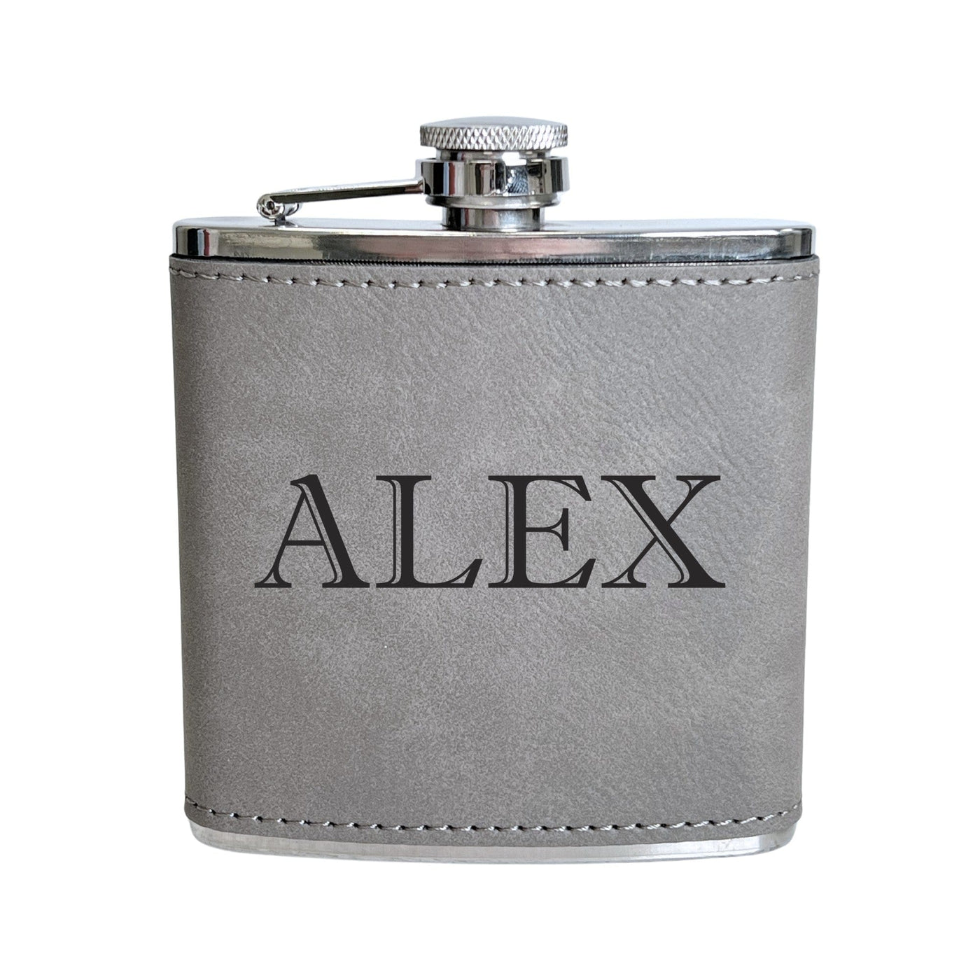 A gray leatherette-wrapped hip flask with a polished silver metal top and bottom, featuring a swing-arm cap, perfect for personalized gifting.