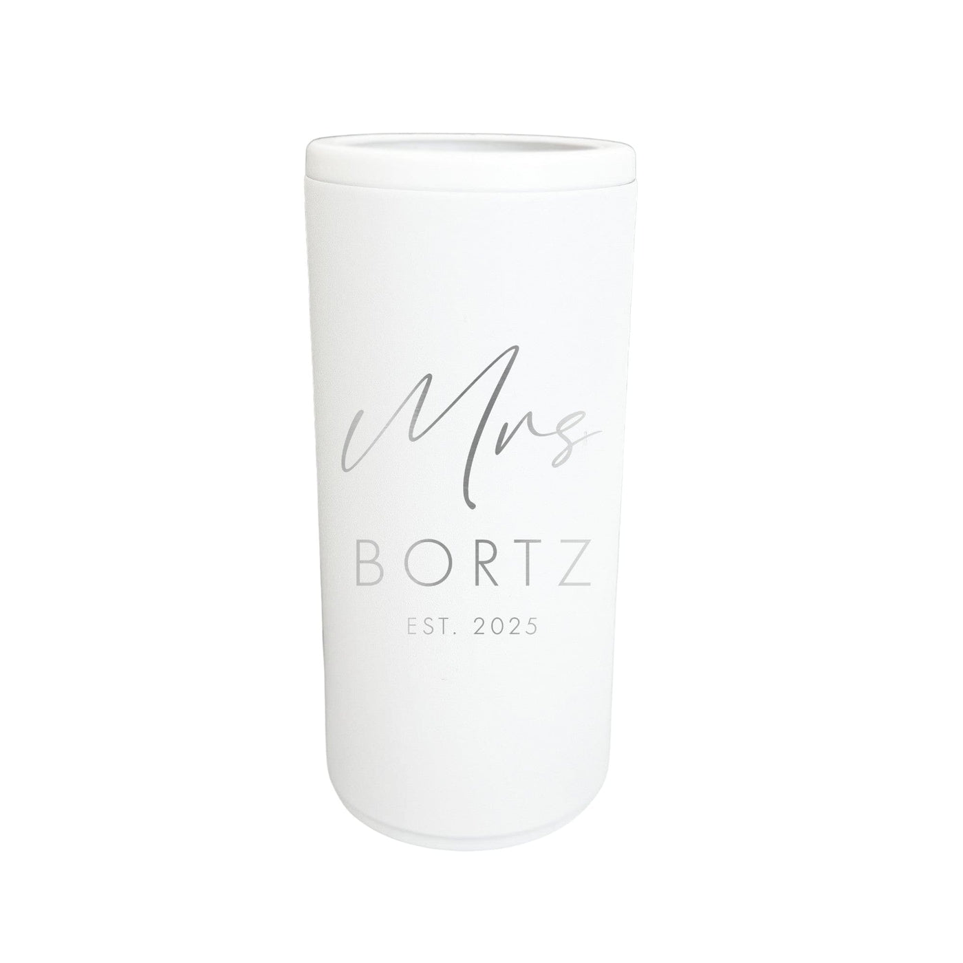 A white cylindrical insulated beverage holder featuring a custom gray script and block letter design, suitable for a wedding or bridal celebration.