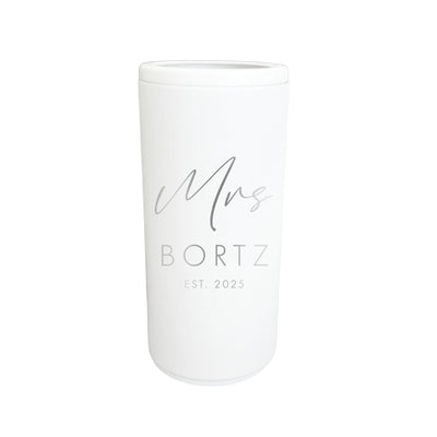 A white cylindrical insulated beverage holder featuring a custom gray script and block letter design, suitable for a wedding or bridal celebration.