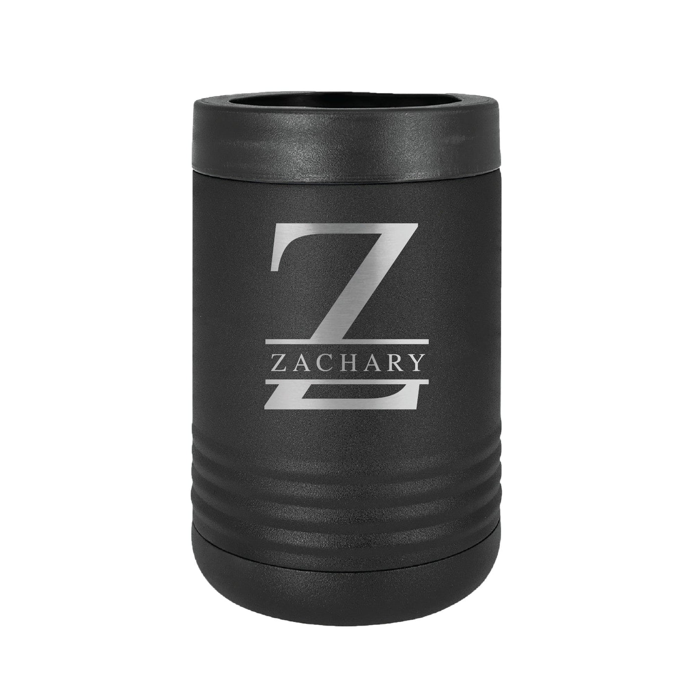 A matte black insulated metal can cooler with a textured finish, featuring a silver engraved initial design, ideal for keeping beverages cold at events.